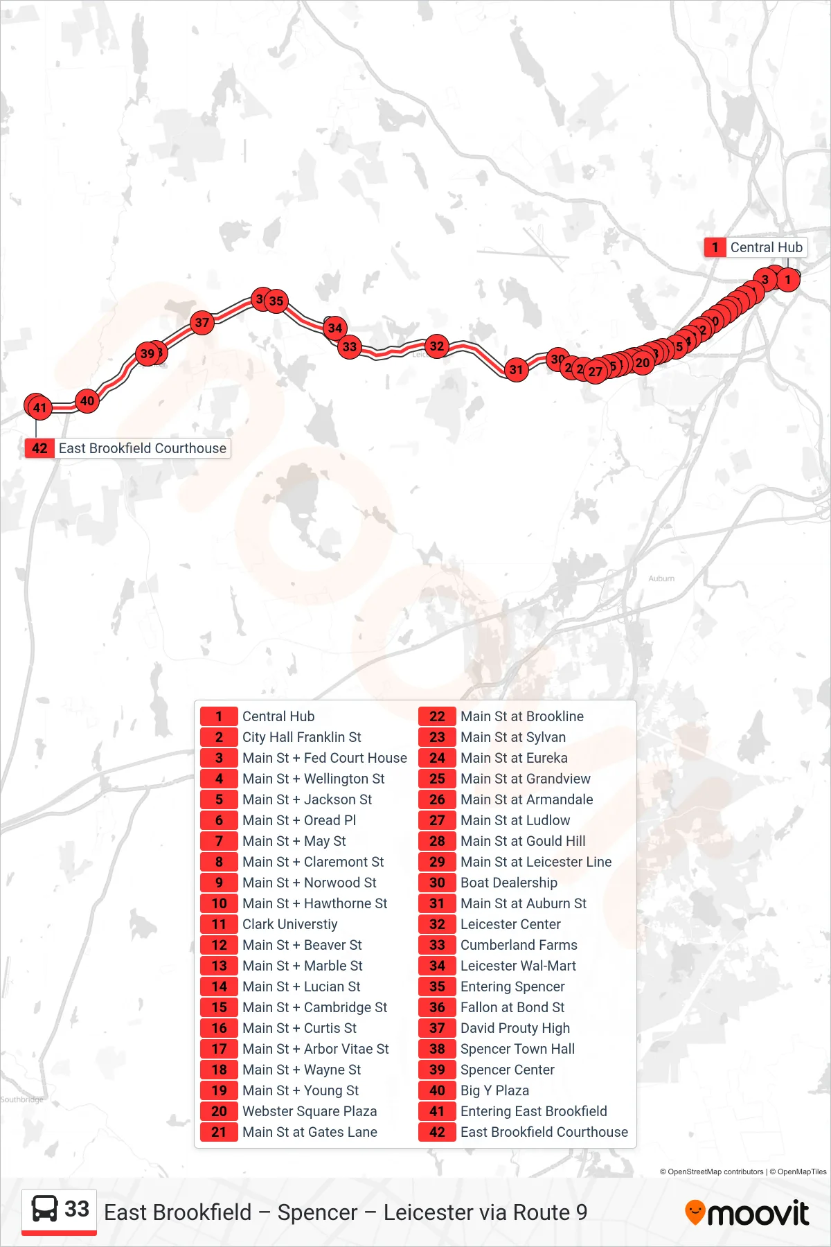 33 bus Line (Central Hub‎→East Brookfield Courthouse) route and stops on a map
