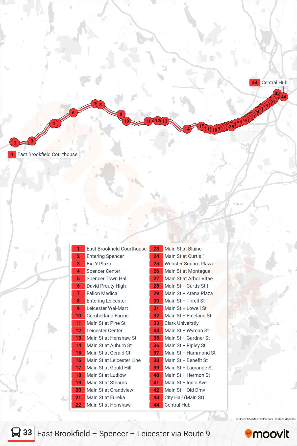 33 bus Line (East Brookfield Courthouse→Central Hub) route and stops on a map