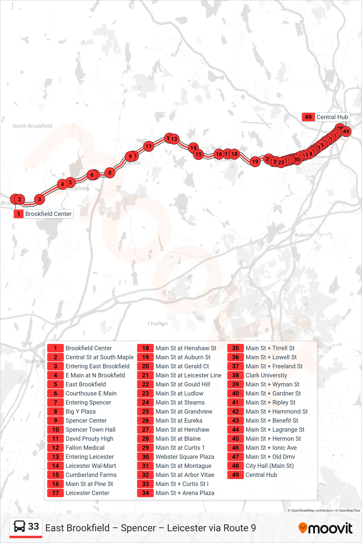33 bus Line (Brookfield Center→Central Hub) route and stops on a map