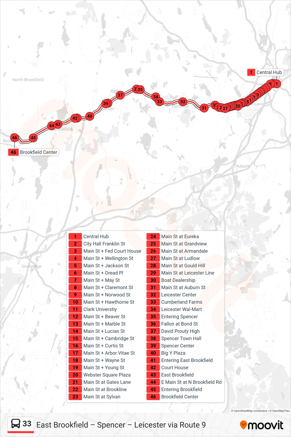 33 bus Line (Central Hub‎→Brookfield Center) route and stops on a map