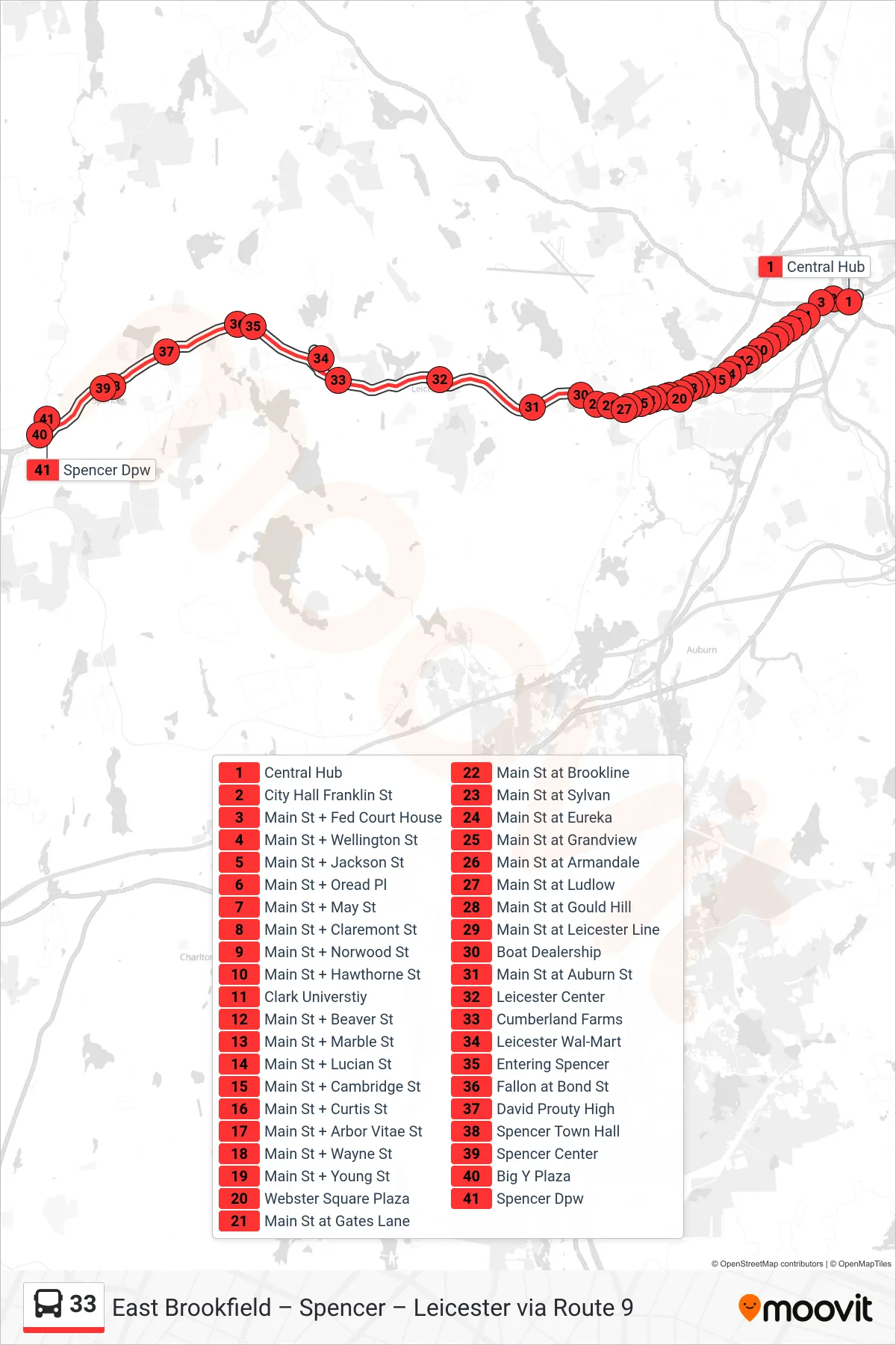33 bus Line (Central Hub→Spencer Dpw) route and stops on a map