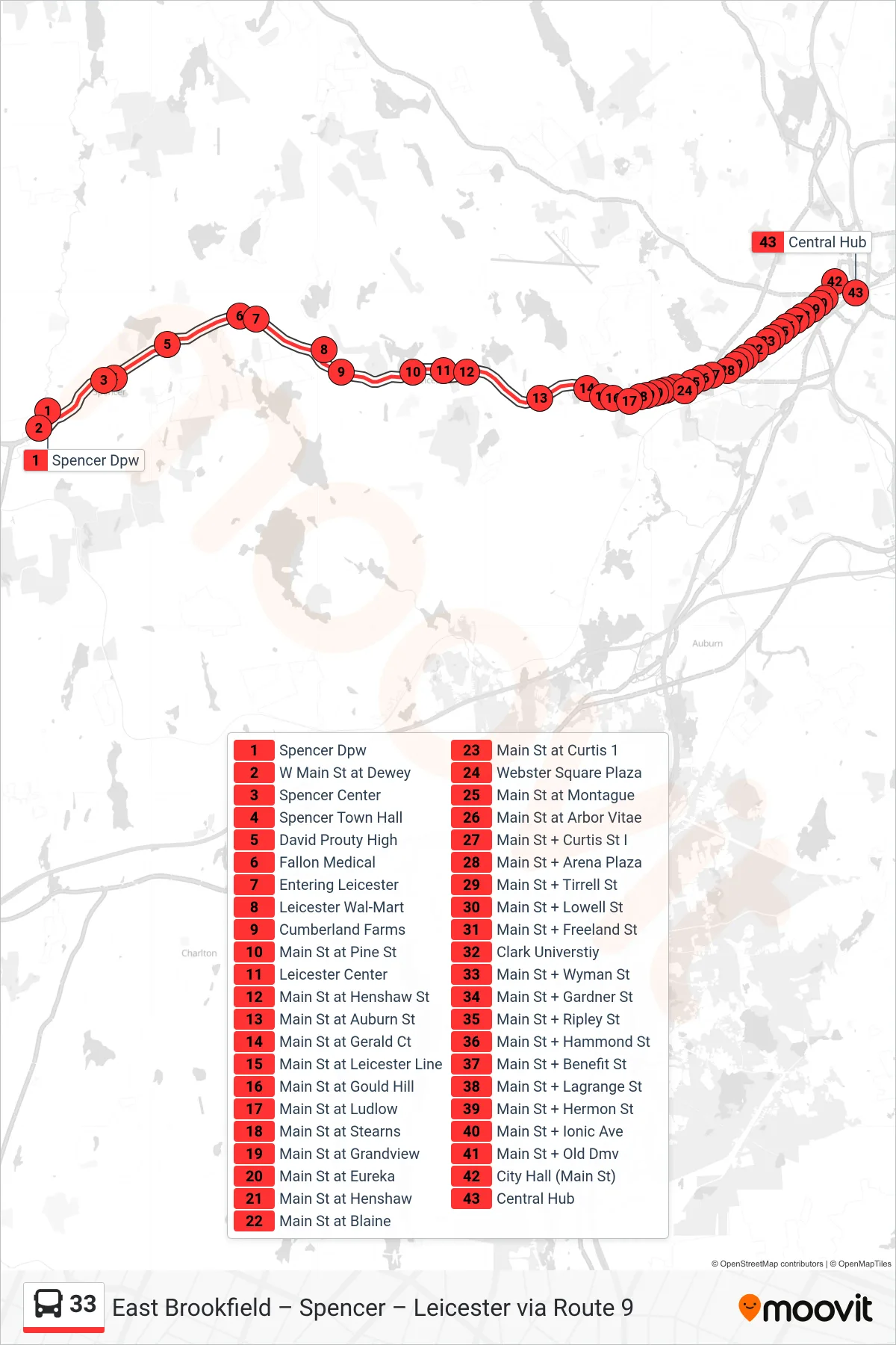 33 bus Line (Spencer Dpw‎→Central Hub) route and stops on a map