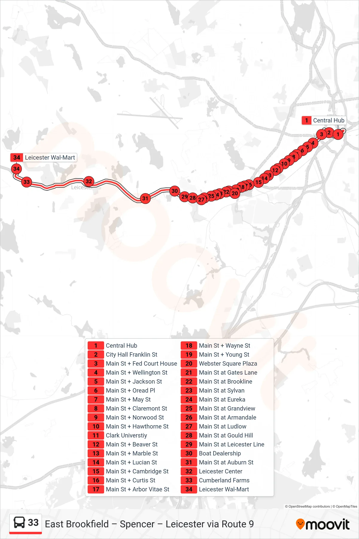 33 bus Line (Central Hub‎→Leicester Wal-Mart) route and stops on a map