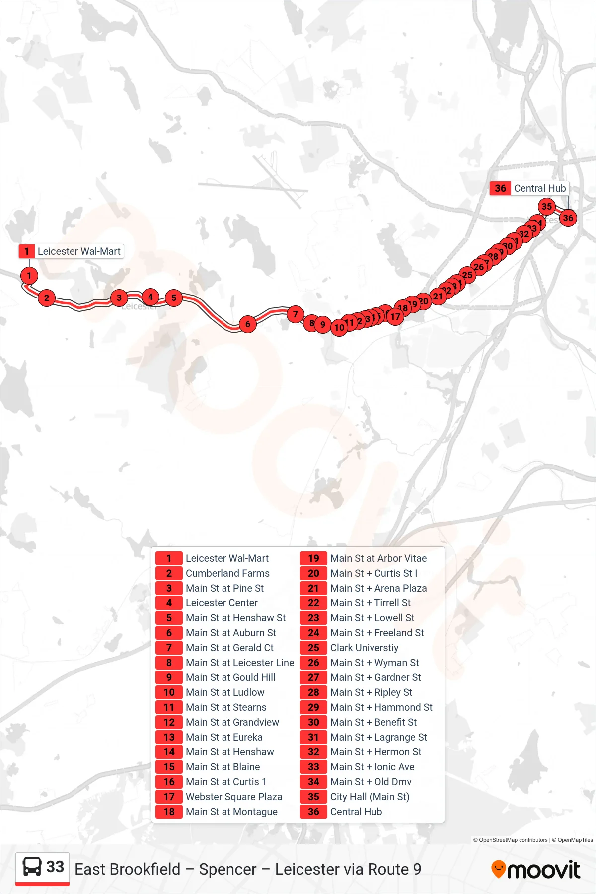 33 bus Line (Leicester Wal-Mart‎→Central Hub) route and stops on a map