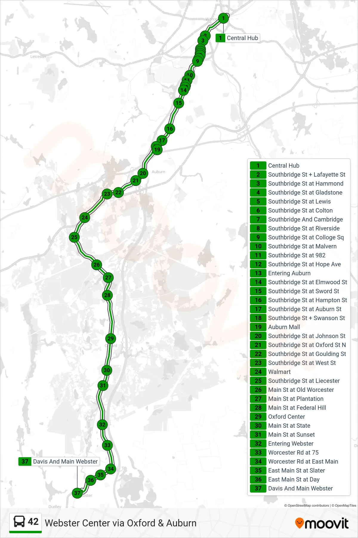 42 bus Line (Central Hub‎→Davis And Main Webster) route and stops on a map