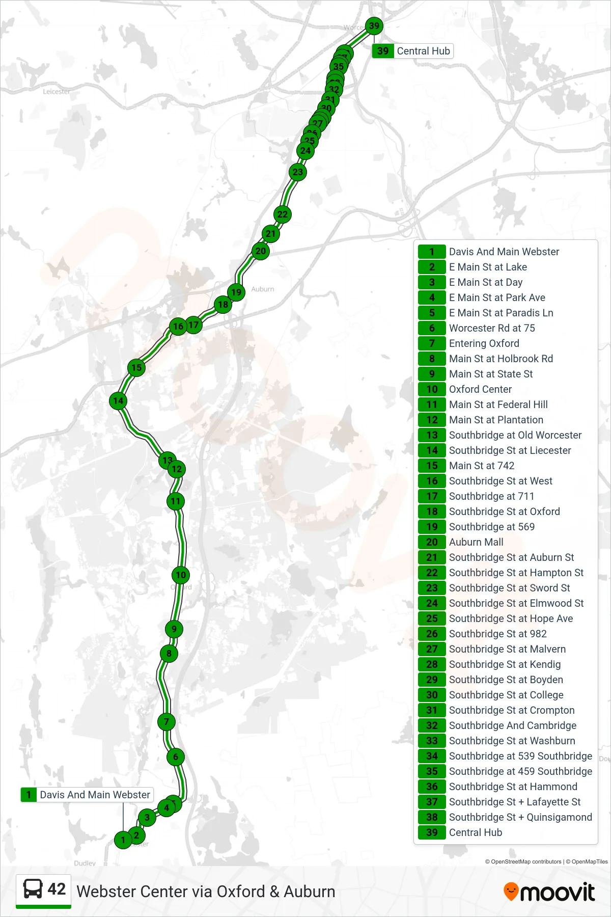 42 bus Line (Davis And Main Webster→Central Hub) route and stops on a map