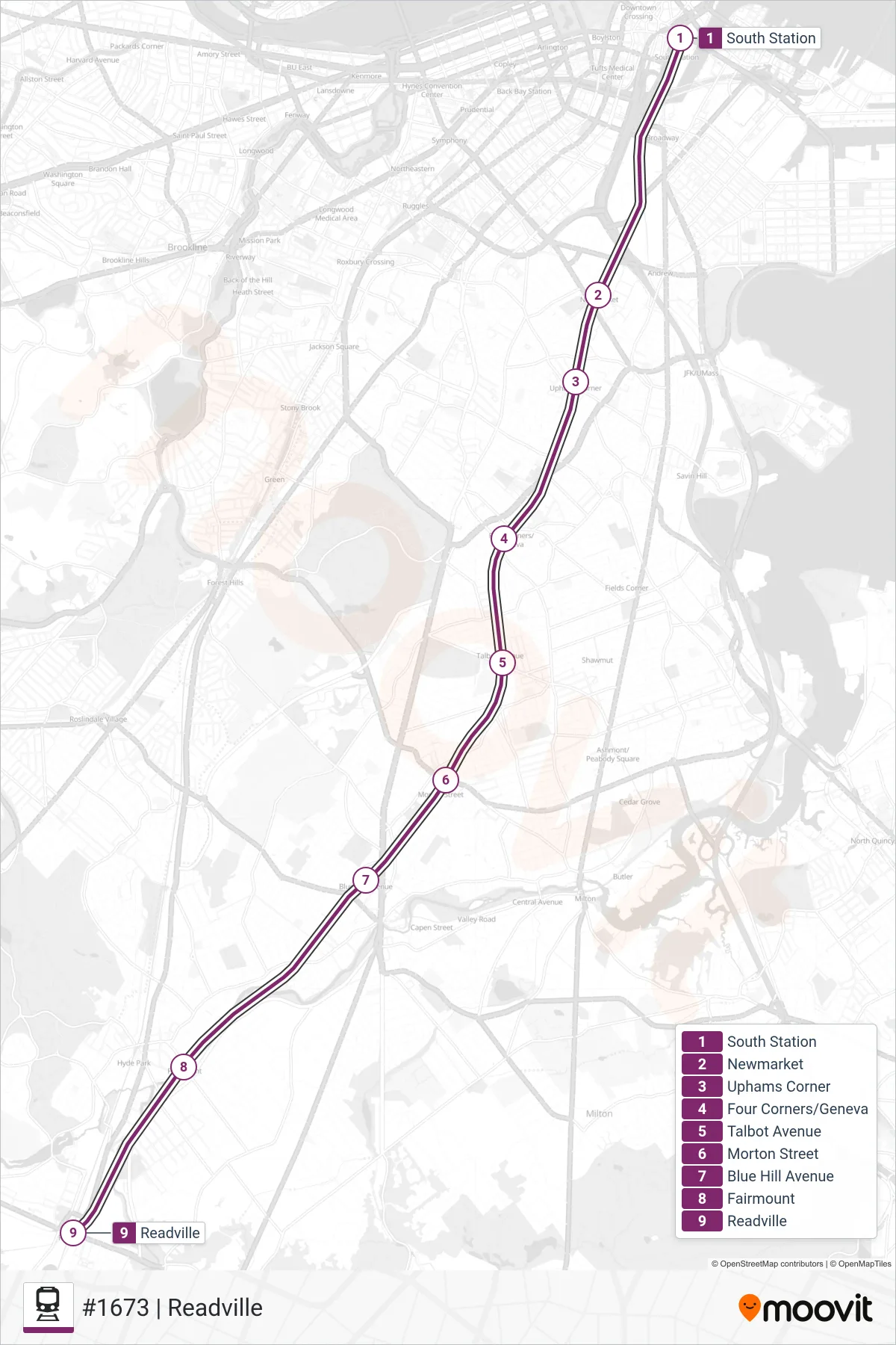 FAIRMOUNT train Line (#1673 | Readville) route and stops on a map