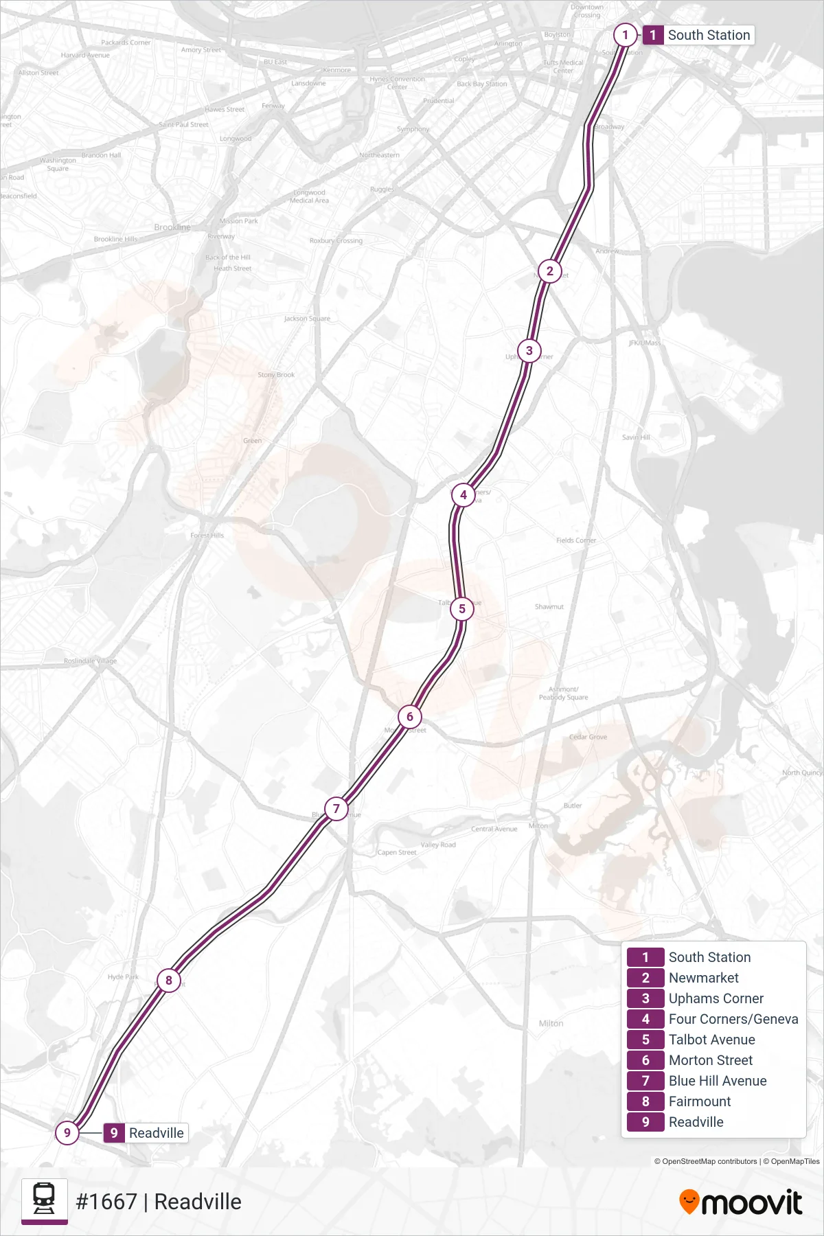 FAIRMOUNT train Line (#1667 | Readville) route and stops on a map