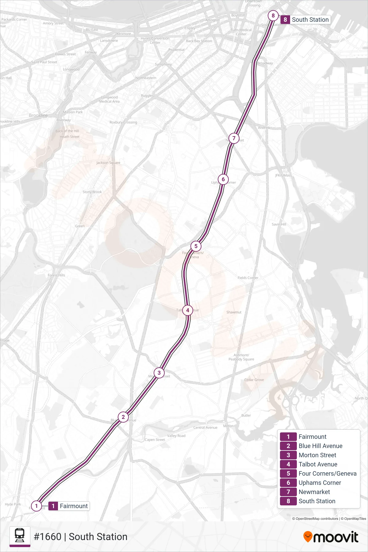 FAIRMOUNT rail Line (#1660 | South Station) route and stops on a map