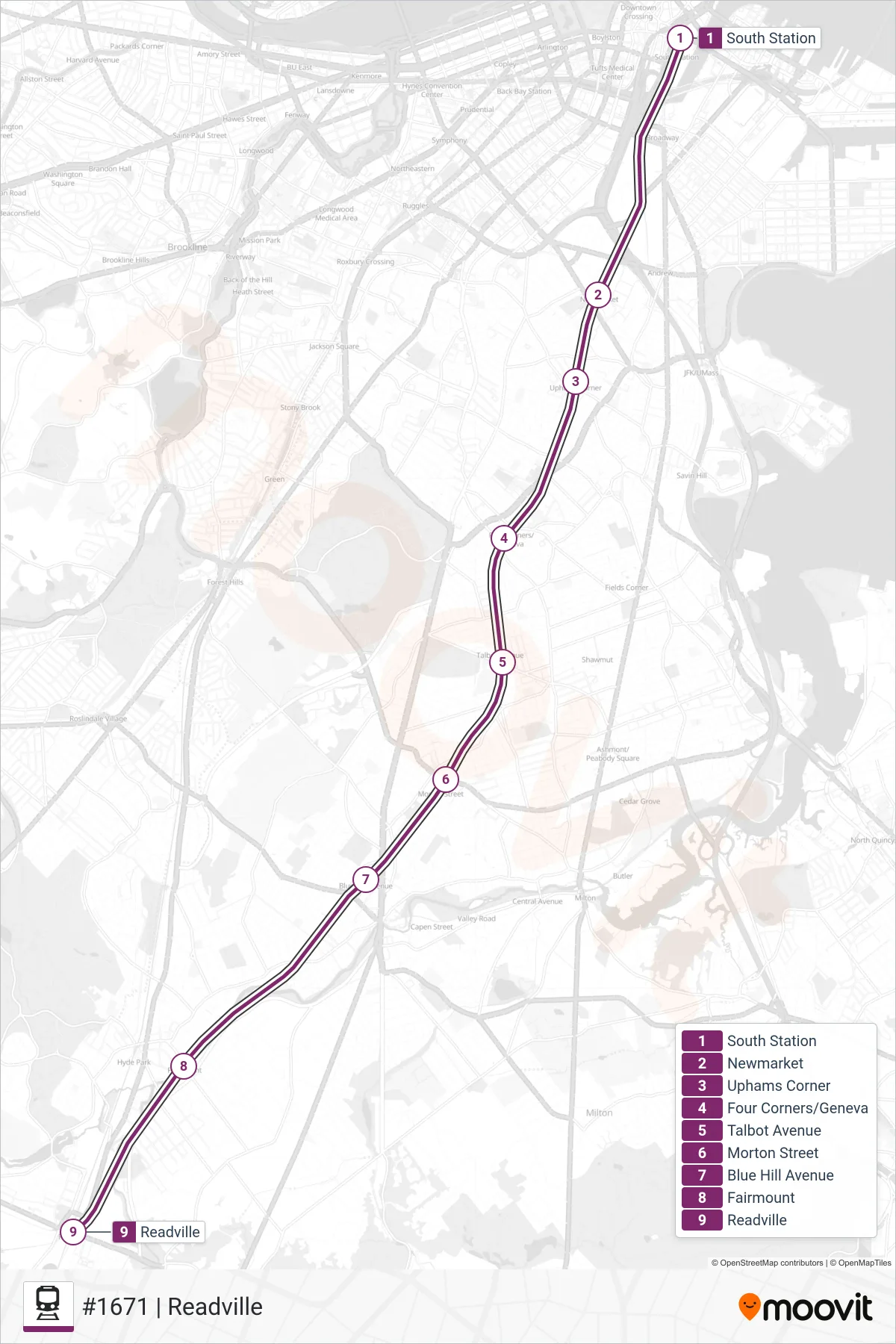 FAIRMOUNT train Line (#1671 | Readville) route and stops on a map