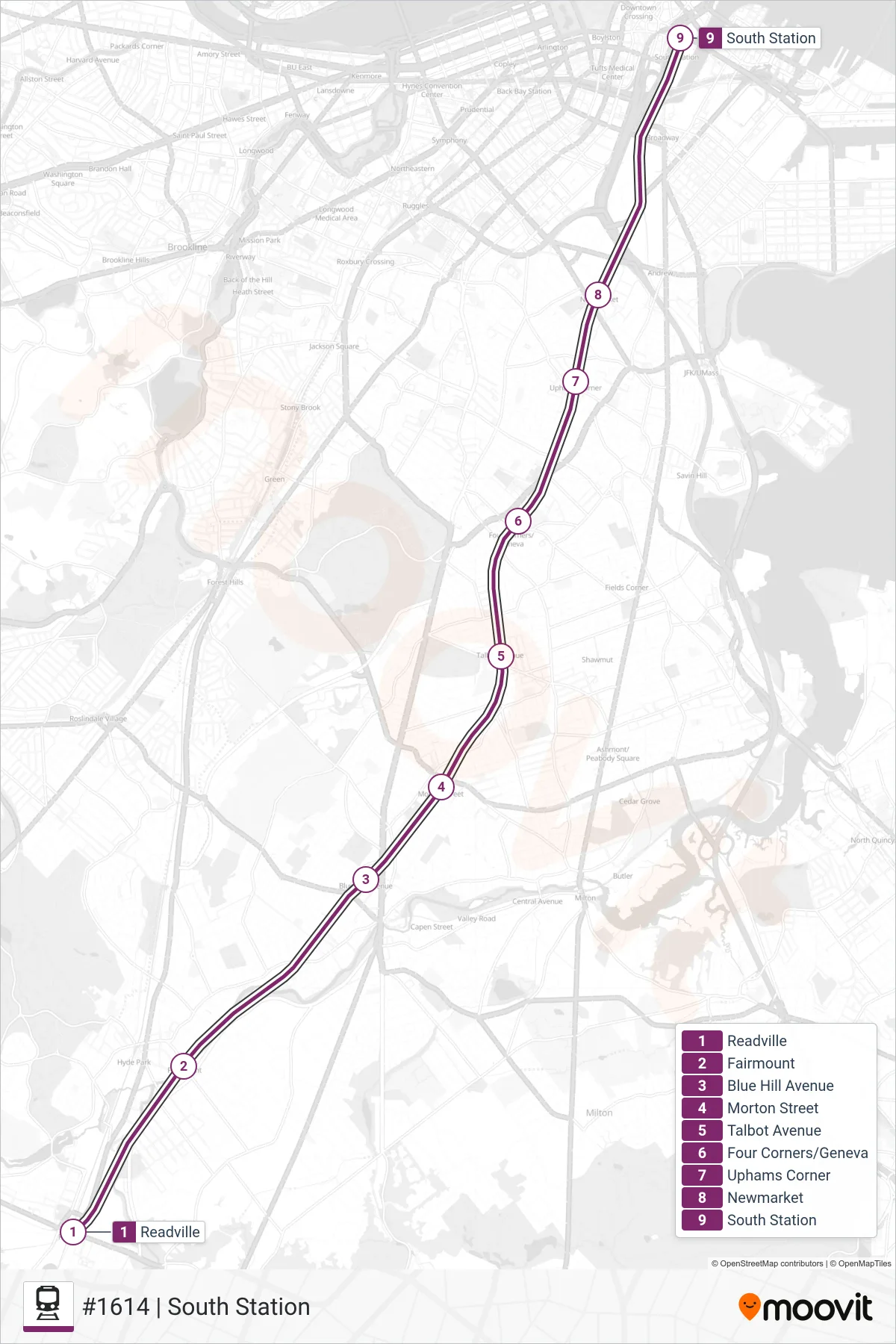 FAIRMOUNT train Line (#1614 | South Station) route and stops on a map