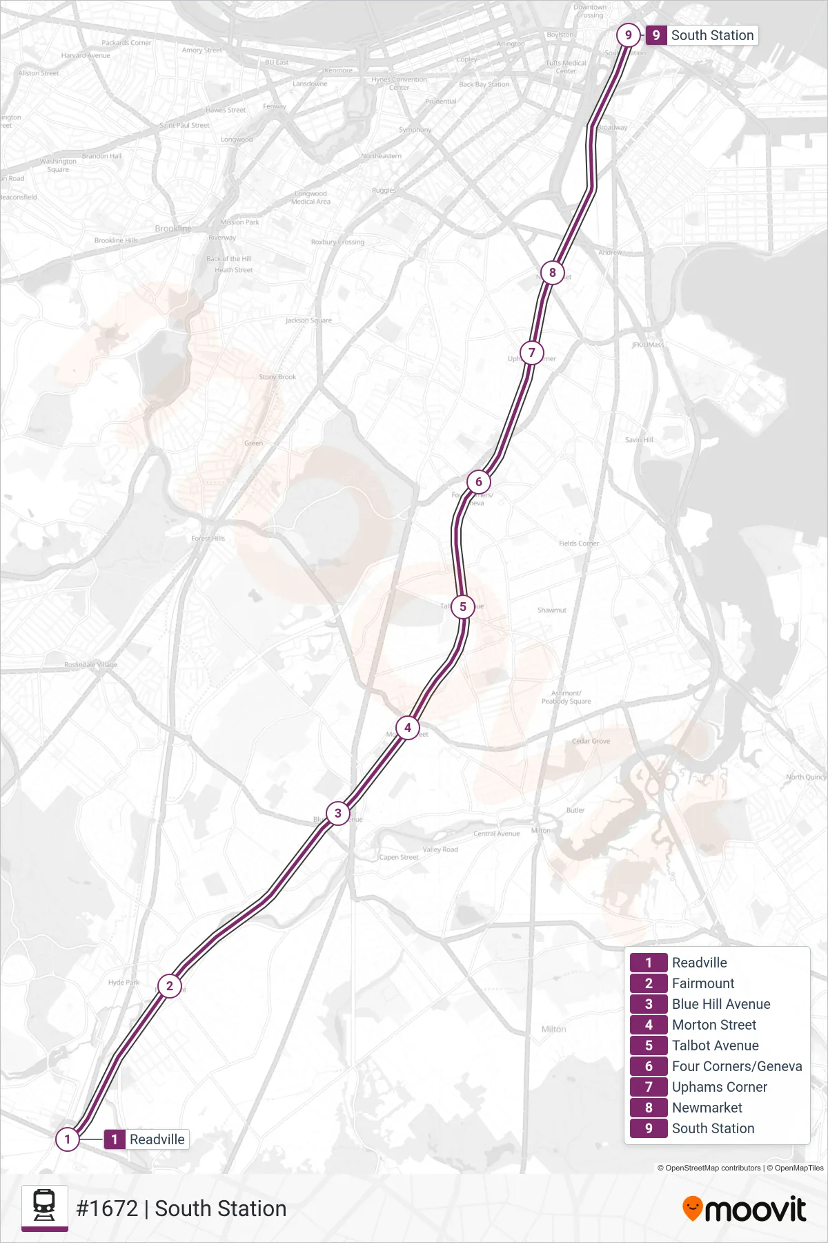 FAIRMOUNT train Line (#1672 | South Station) route and stops on a map
