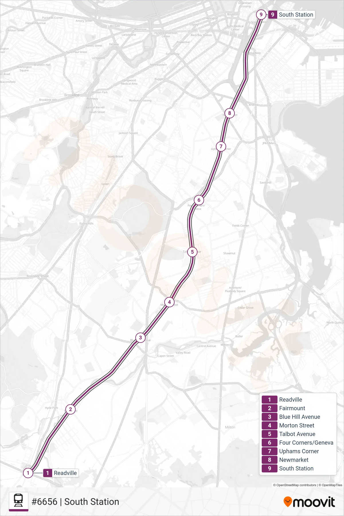 FAIRMOUNT rail Line (#6656 | South Station) route and stops on a map