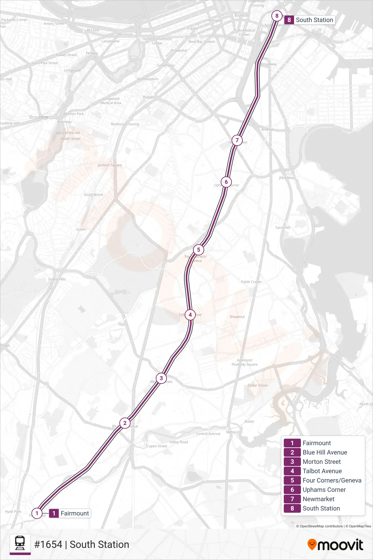 FAIRMOUNT rail Line (#1654 | South Station) route and stops on a map