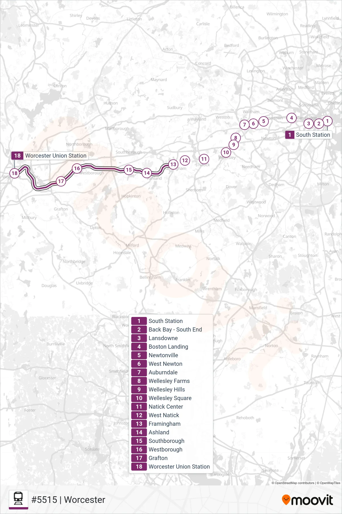 FRAMINGHAM/WORCESTER rail Line (#5515 | Worcester) route and stops on a map