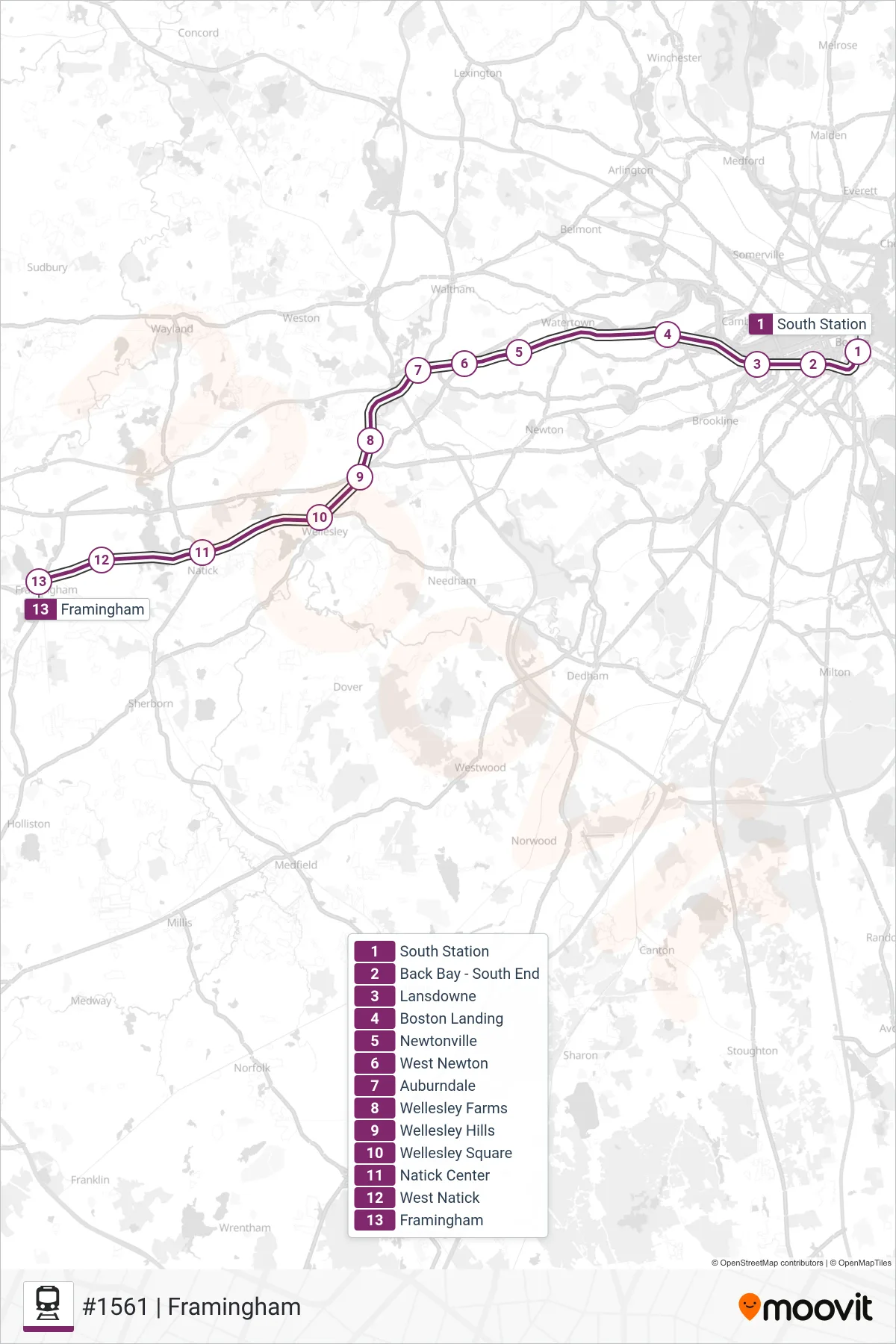 FRAMINGHAM/WORCESTER train Line (#1561 | Framingham) route and stops on a map