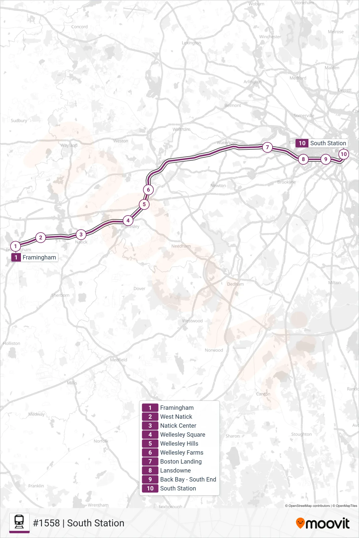 FRAMINGHAM/WORCESTER train Line (#1558 | South Station) route and stops on a map