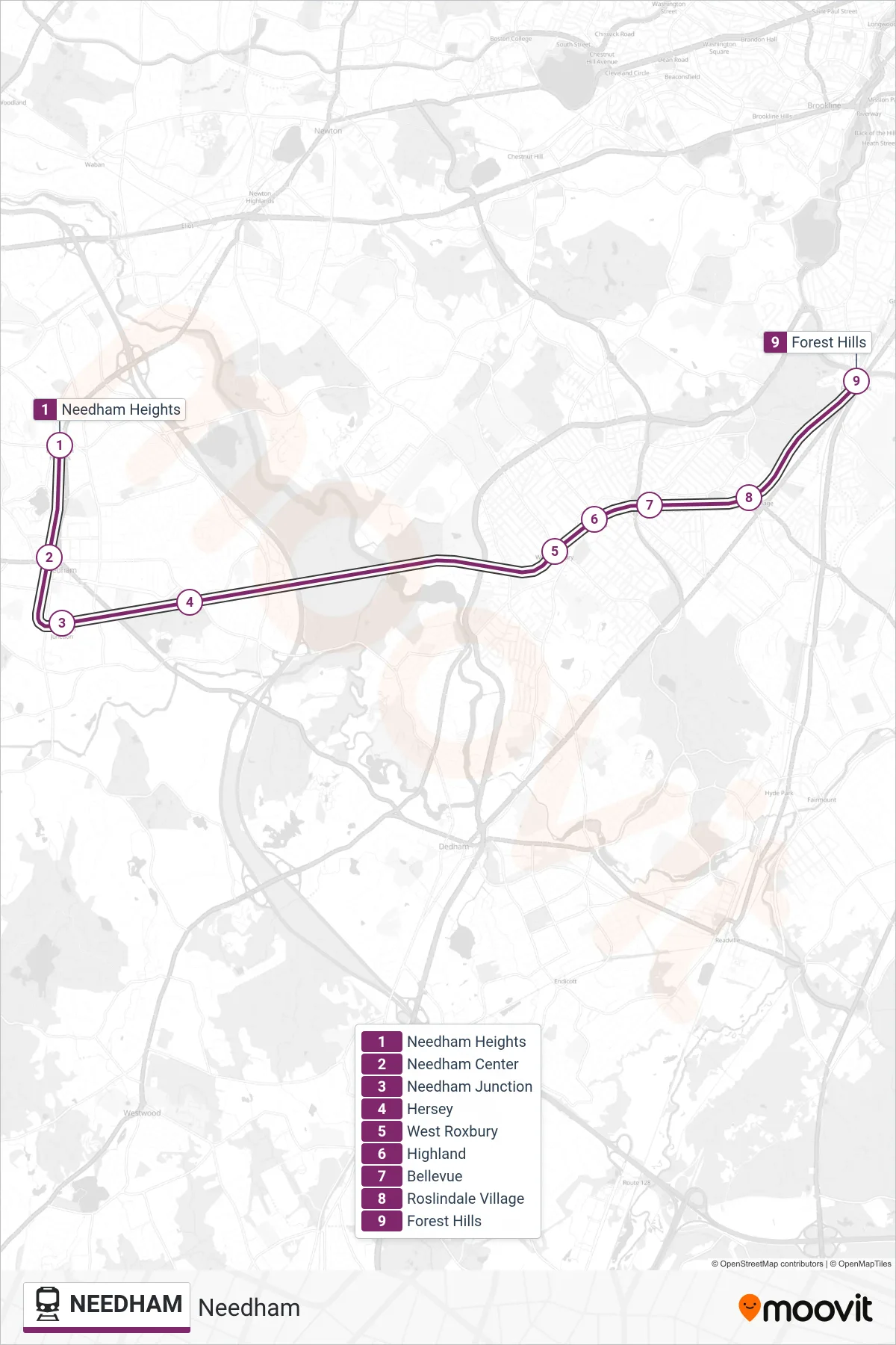 NEEDHAM train Line (#654 | Forest Hills) route and stops on a map
