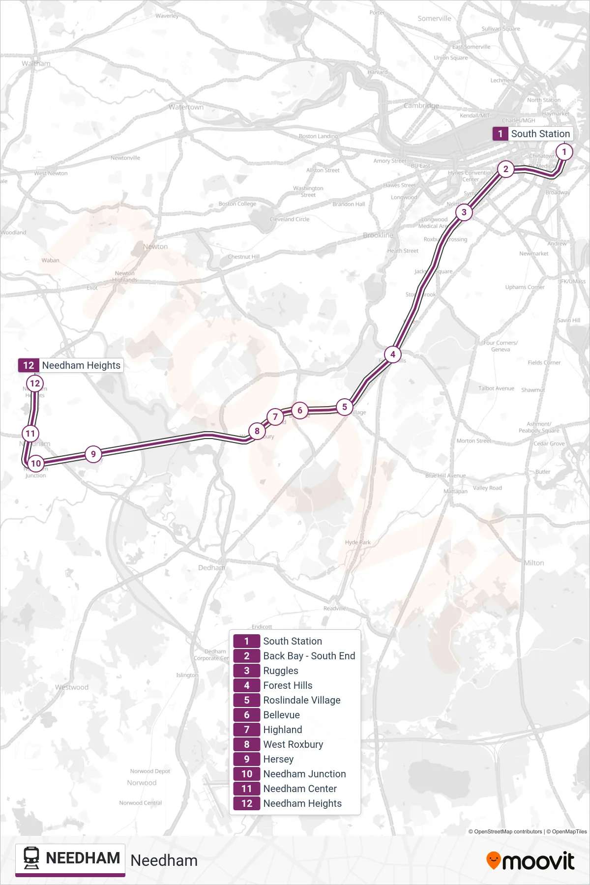 NEEDHAM rail Line (#5687 | Needham Heights) route and stops on a map
