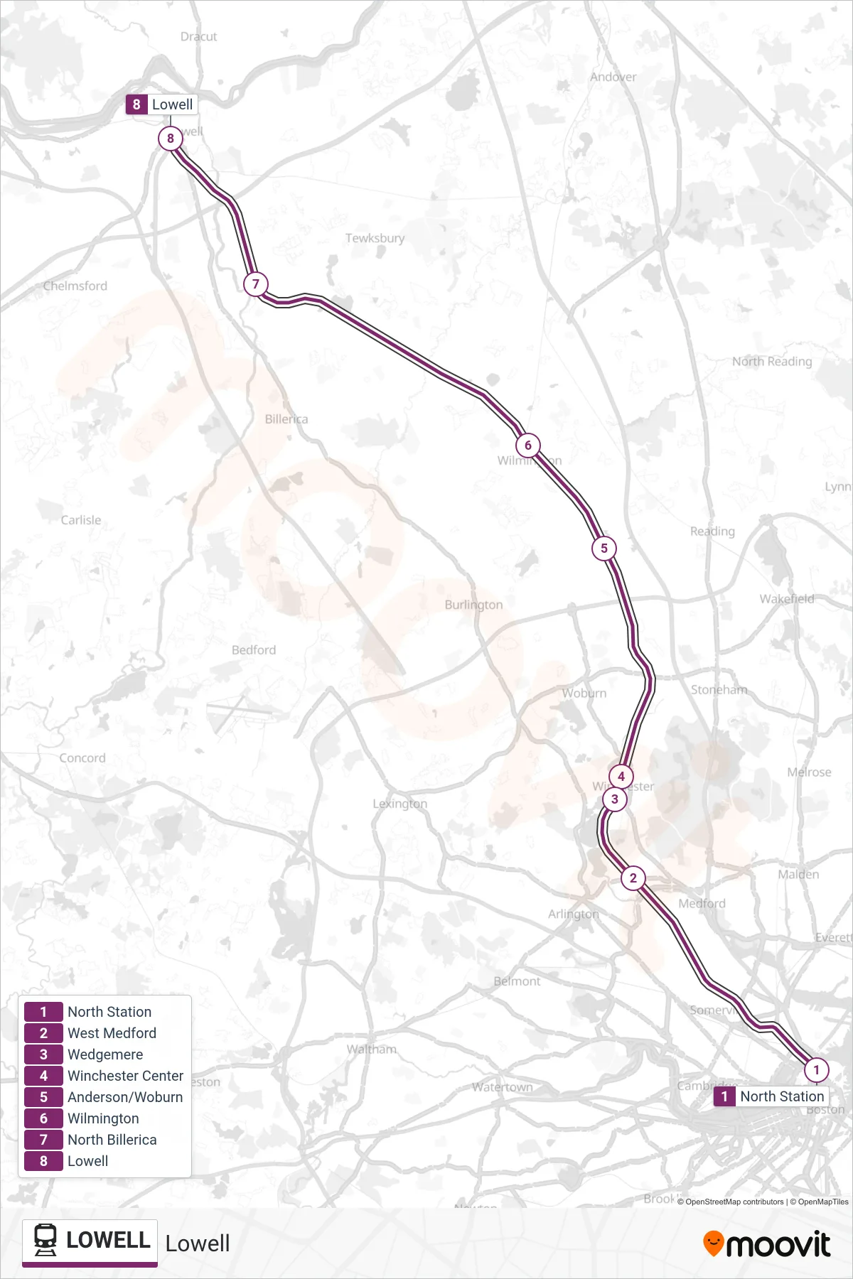 LOWELL train Line (#309 | Lowell) route and stops on a map