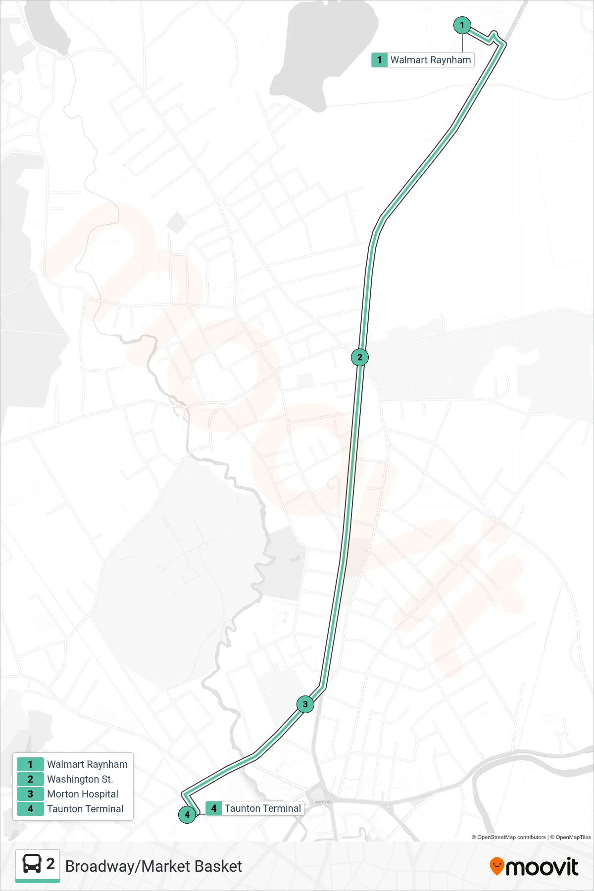 2 bus Line (Walmart Raynham→Taunton Terminal) route and stops on a map