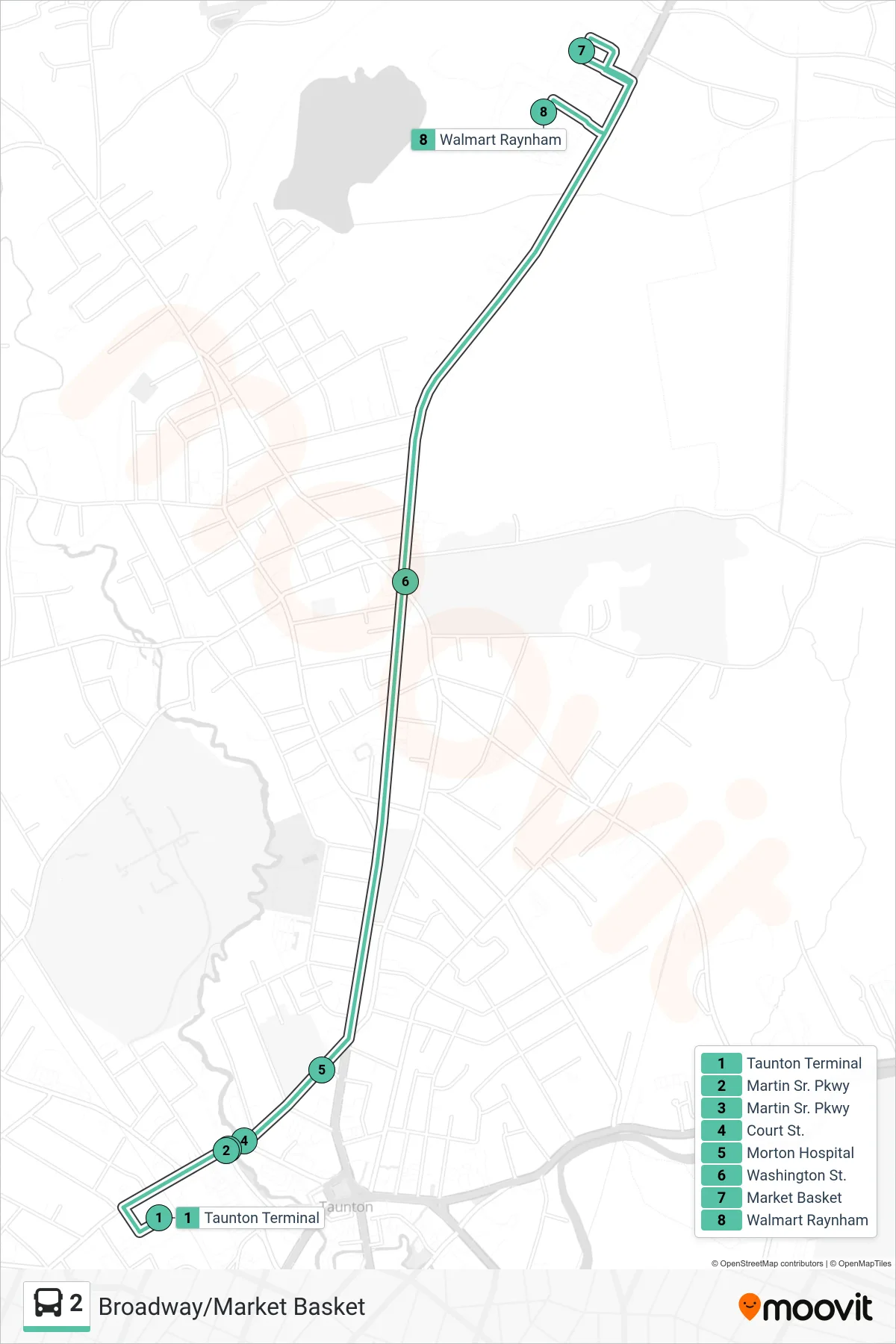 2 bus Line (Taunton Terminal→Walmart Raynham) route and stops on a map