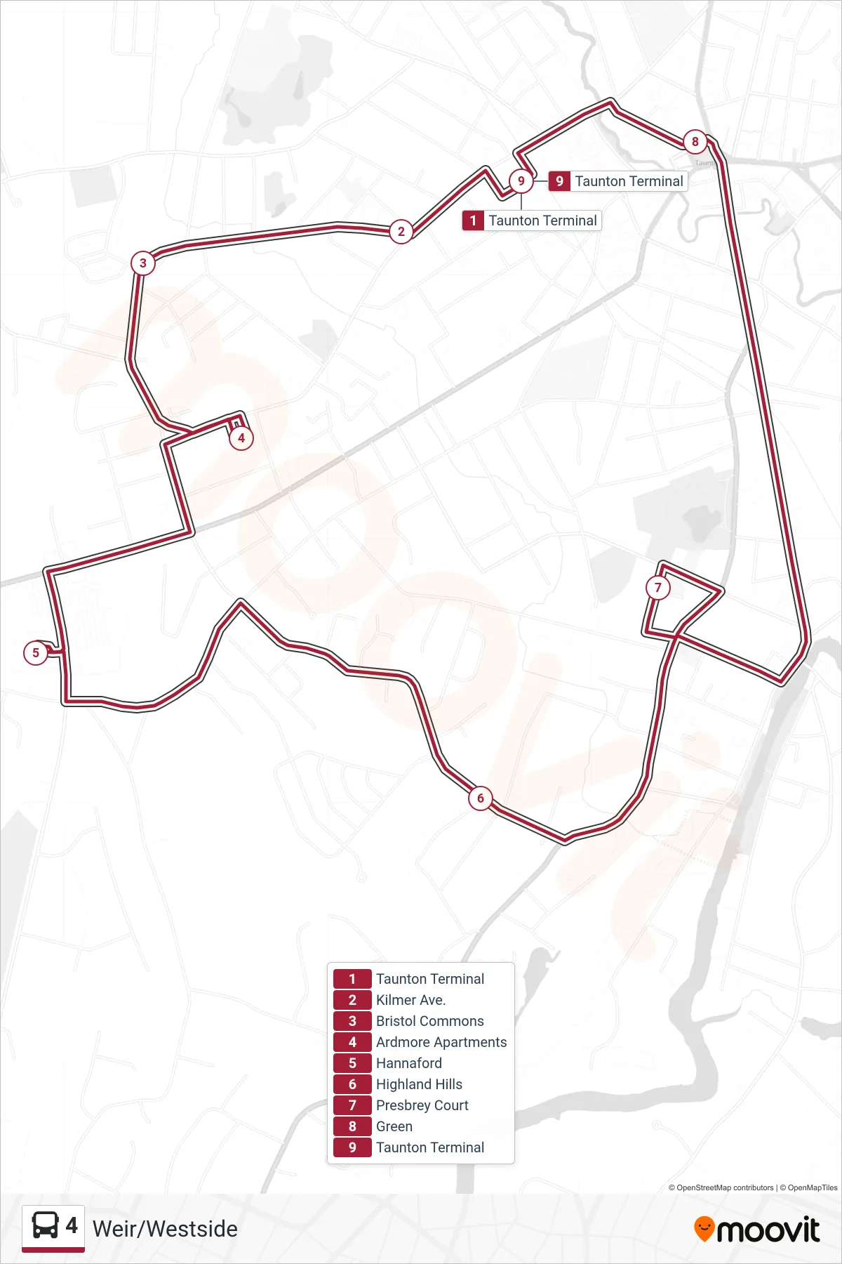4 bus Line (Taunton Terminal→Taunton Terminal) route and stops on a map