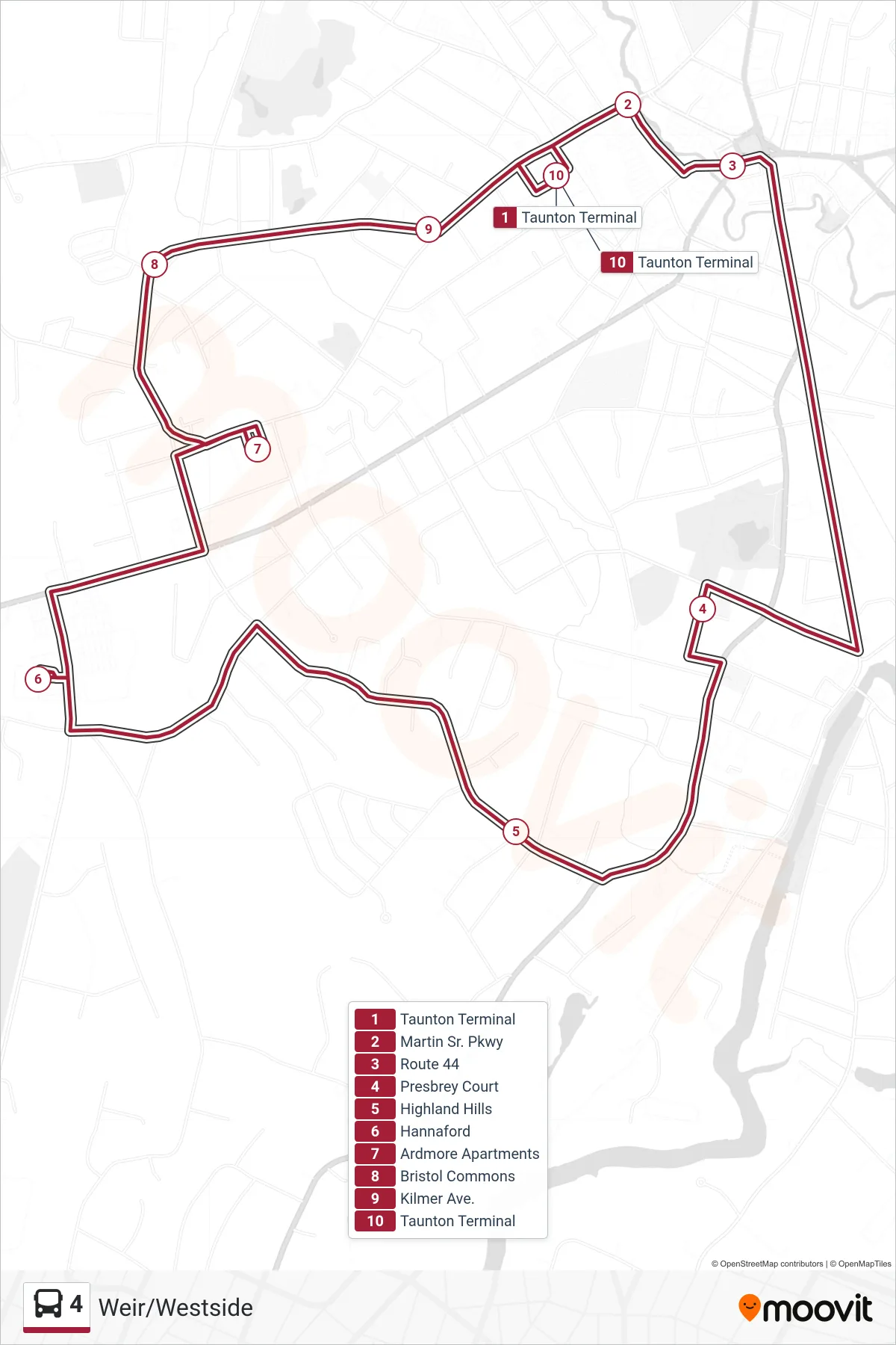 4 bus Line (Taunton Terminal‎→Taunton Terminal) route and stops on a map