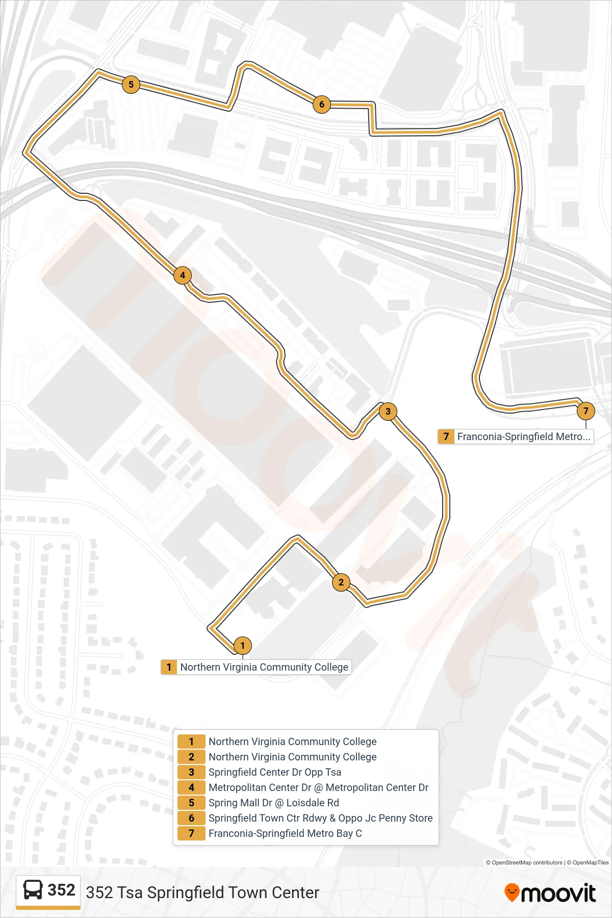 352 bus Line (352 Tsa Springfield Town Center) route and stops on a map