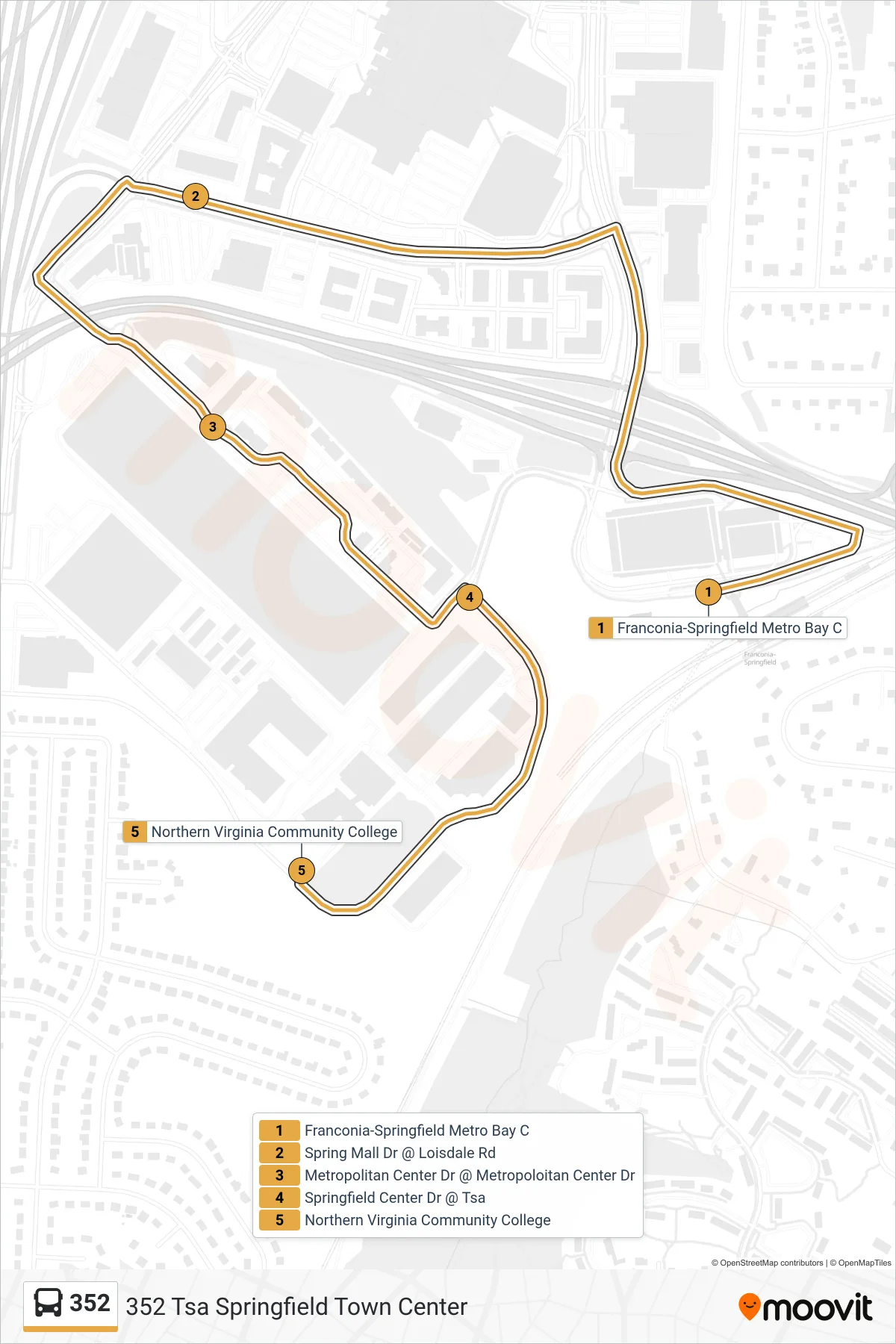 352 bus Line (352 Tsa Springfield Town Center) route and stops on a map