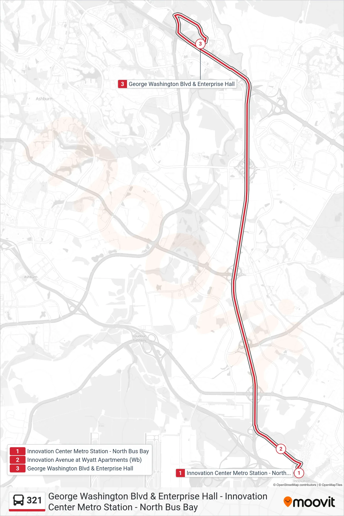 321 bus Line (Gwu) route and stops on a map