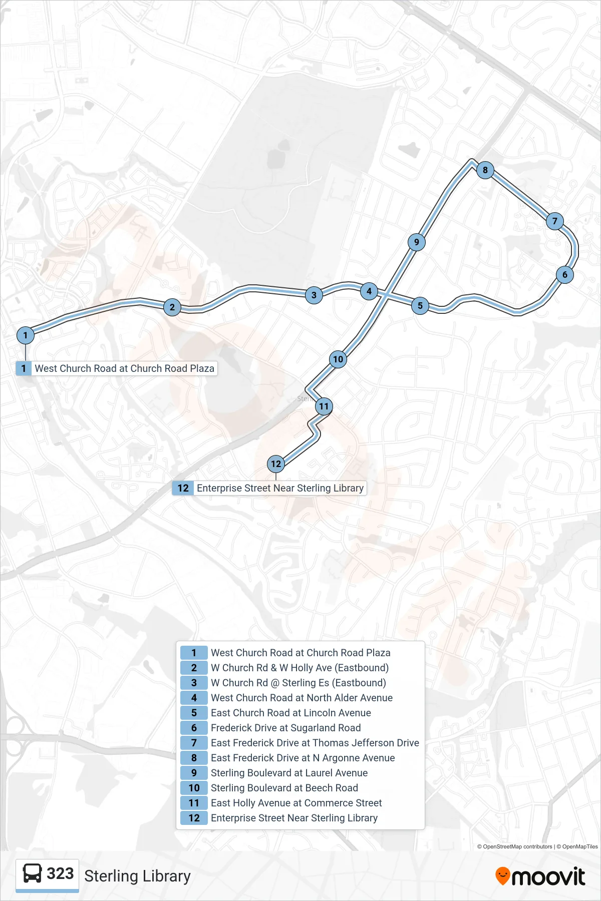 323 bus Line (Sterling Library) route and stops on a map