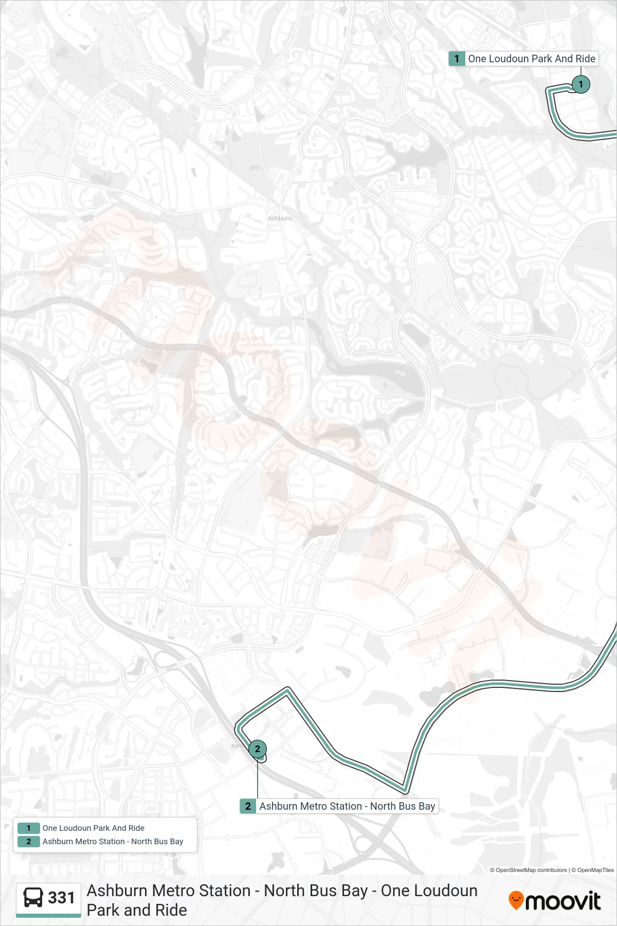 331 bus Line (One Loudoun/Ashburn Metrostation) route and stops on a map