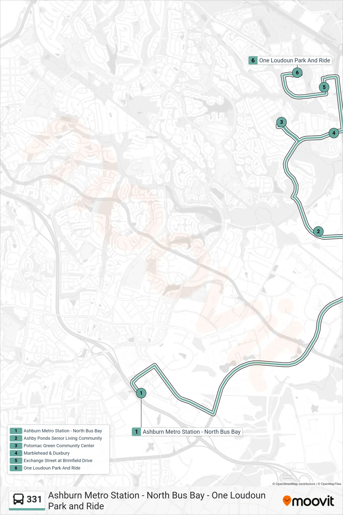 331 bus Line (Ashburn Metro Station/Quantum Park/One Loudoun) route and stops on a map