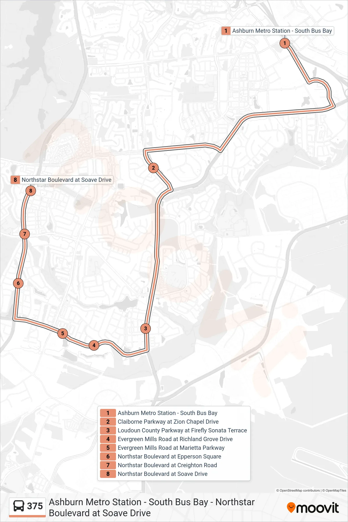 375 bus Line (Brambleton) route and stops on a map