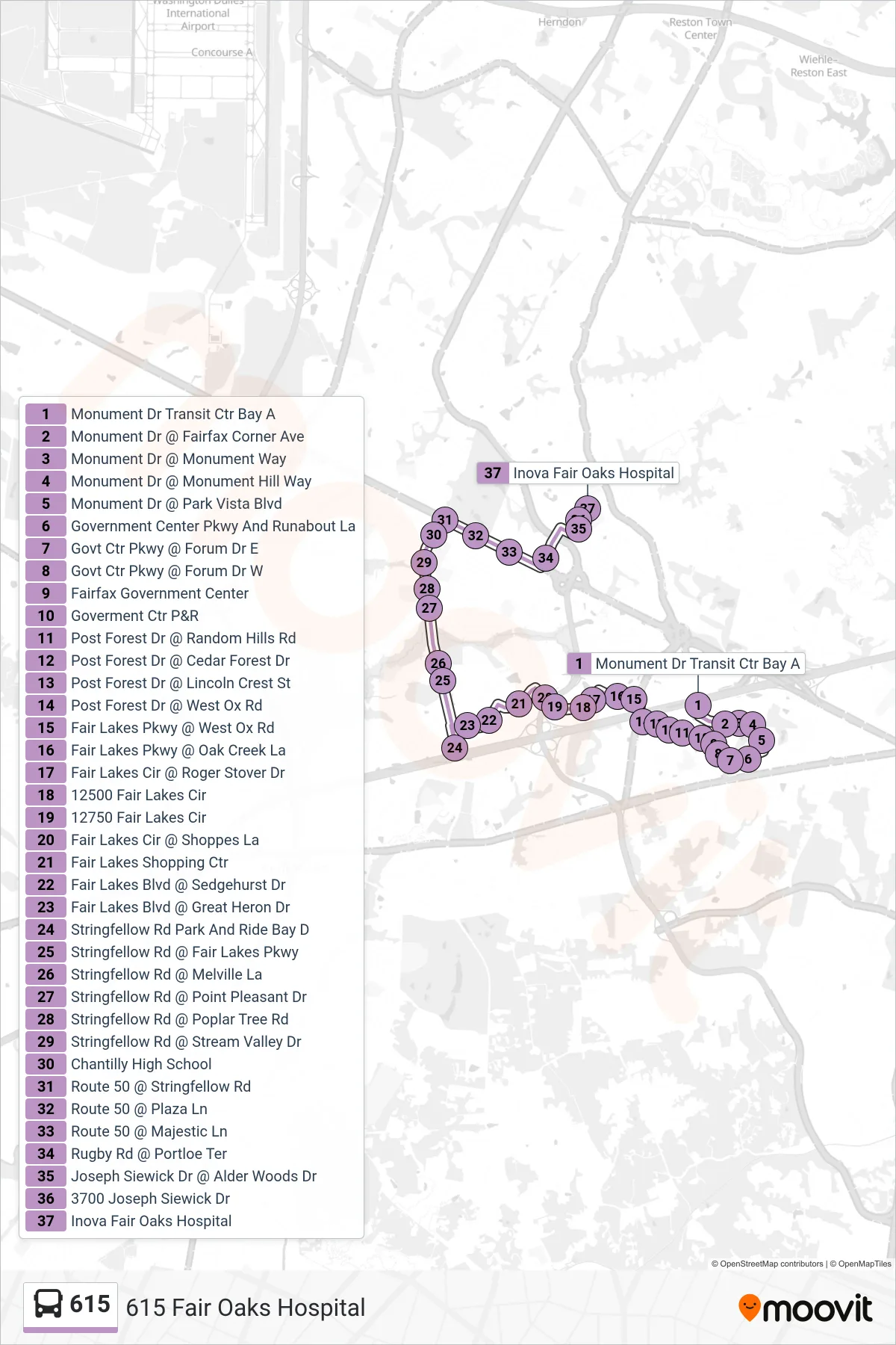 615 bus Line (615 Fair Oaks Hospital) route and stops on a map