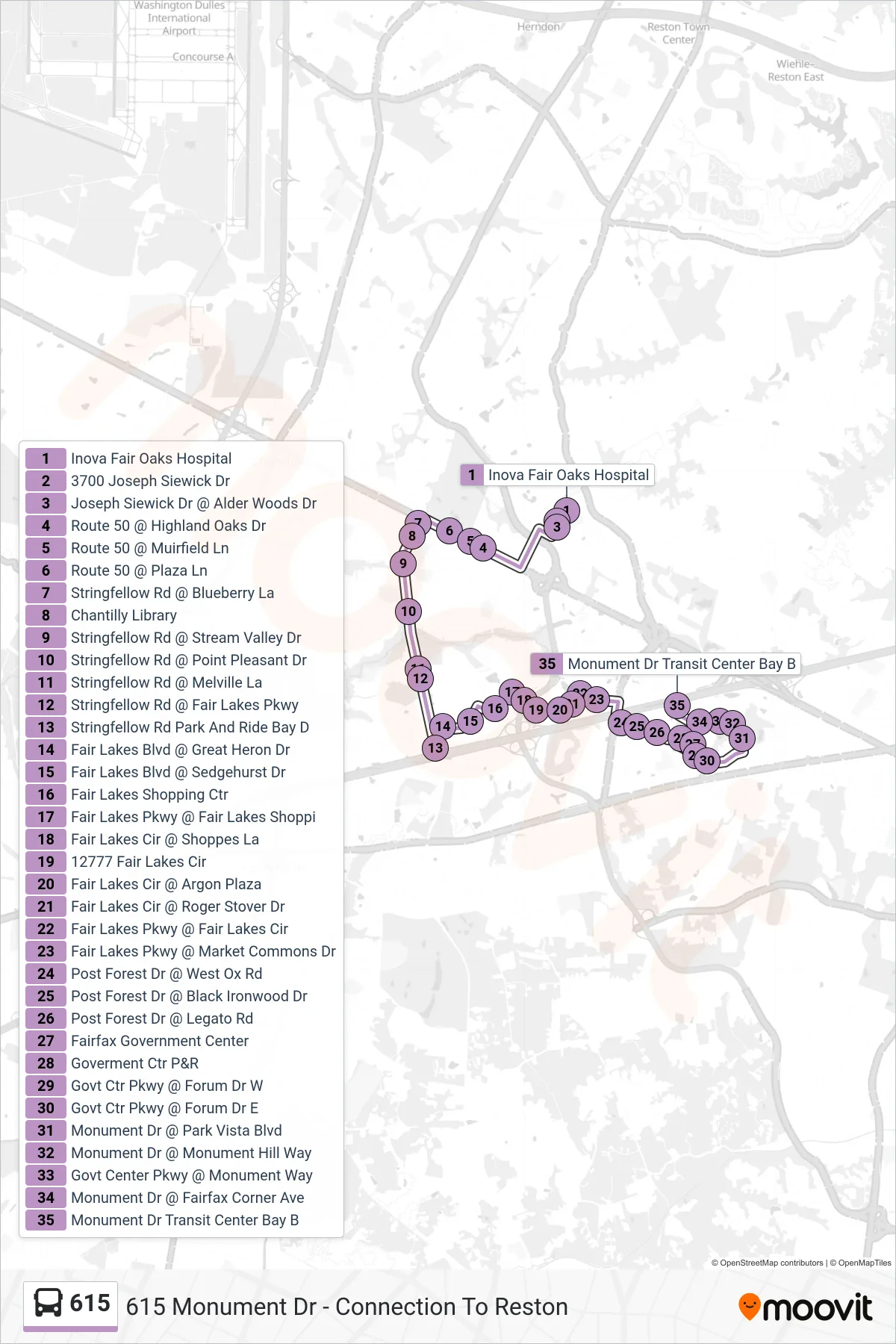 615 bus Line (615 Monument Dr - Connection To Reston) route and stops on a map