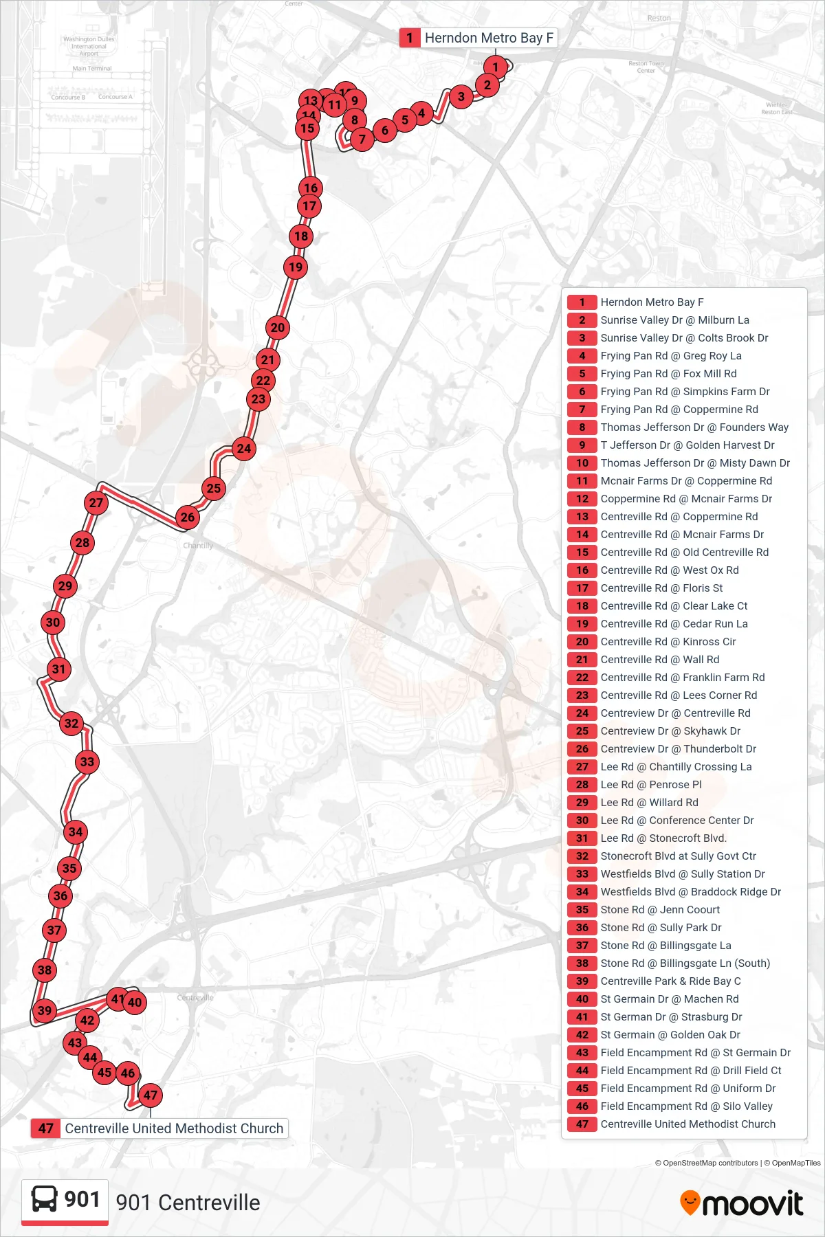 901 bus Line (901 Centreville) route and stops on a map