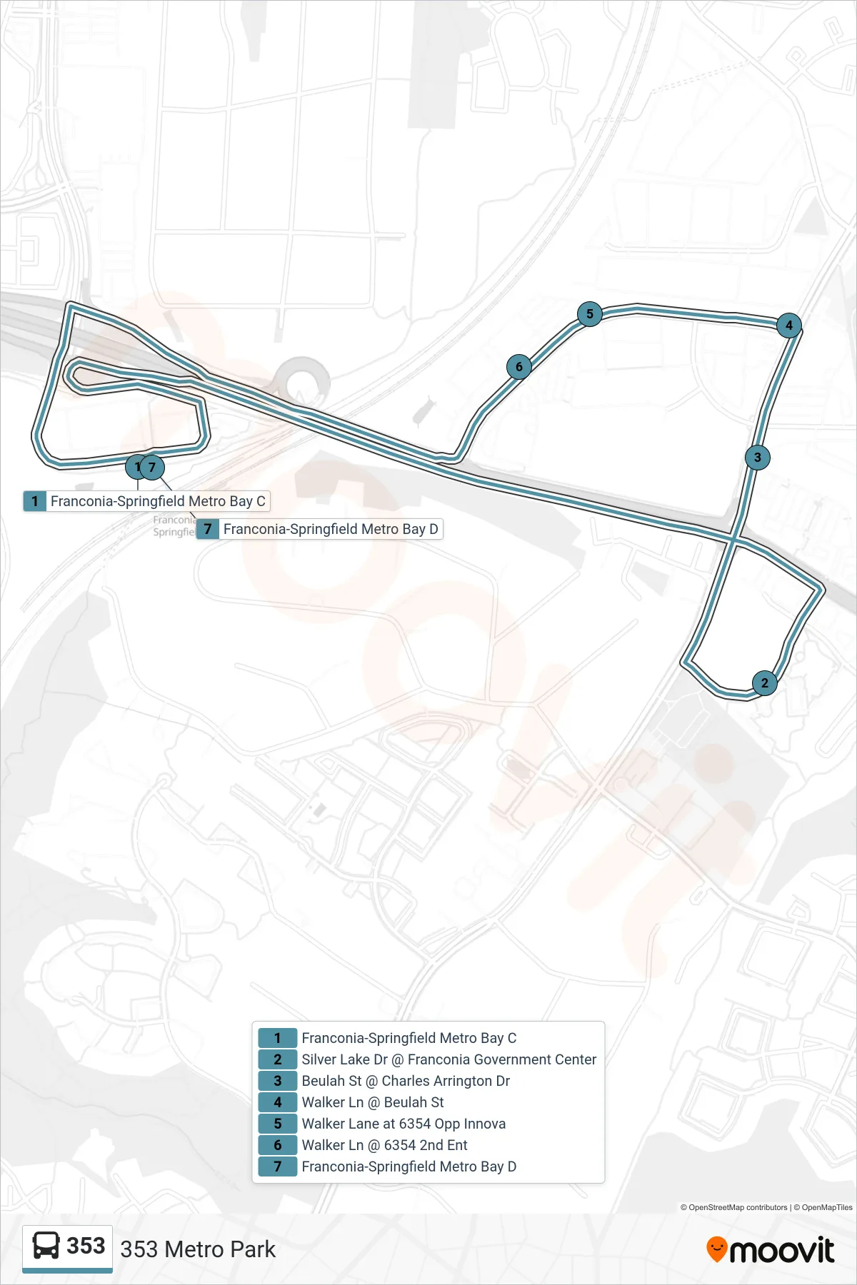 353 bus Line (353 Metro Park) route and stops on a map