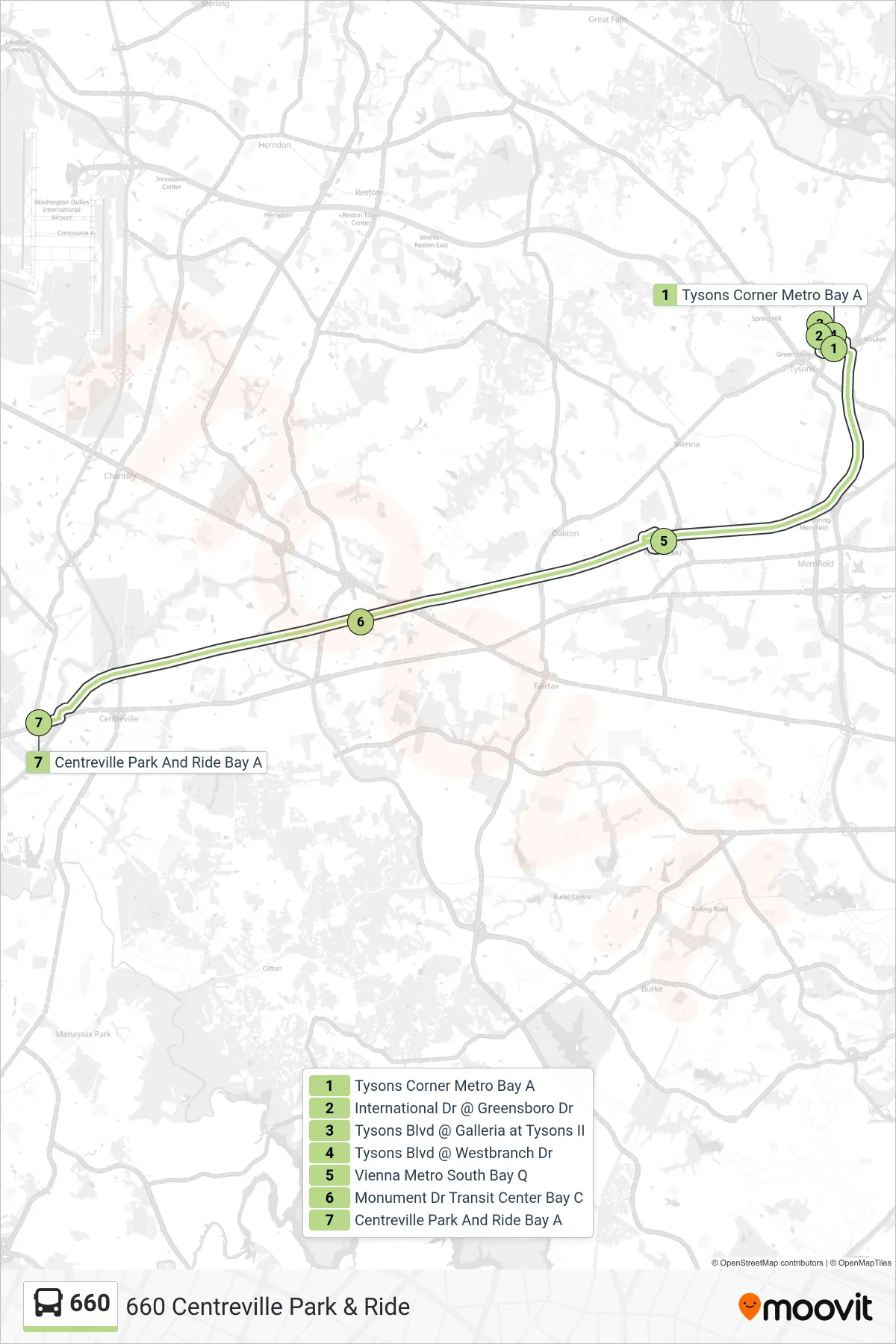 660 bus Line (660 Centreville Park & Ride) route and stops on a map