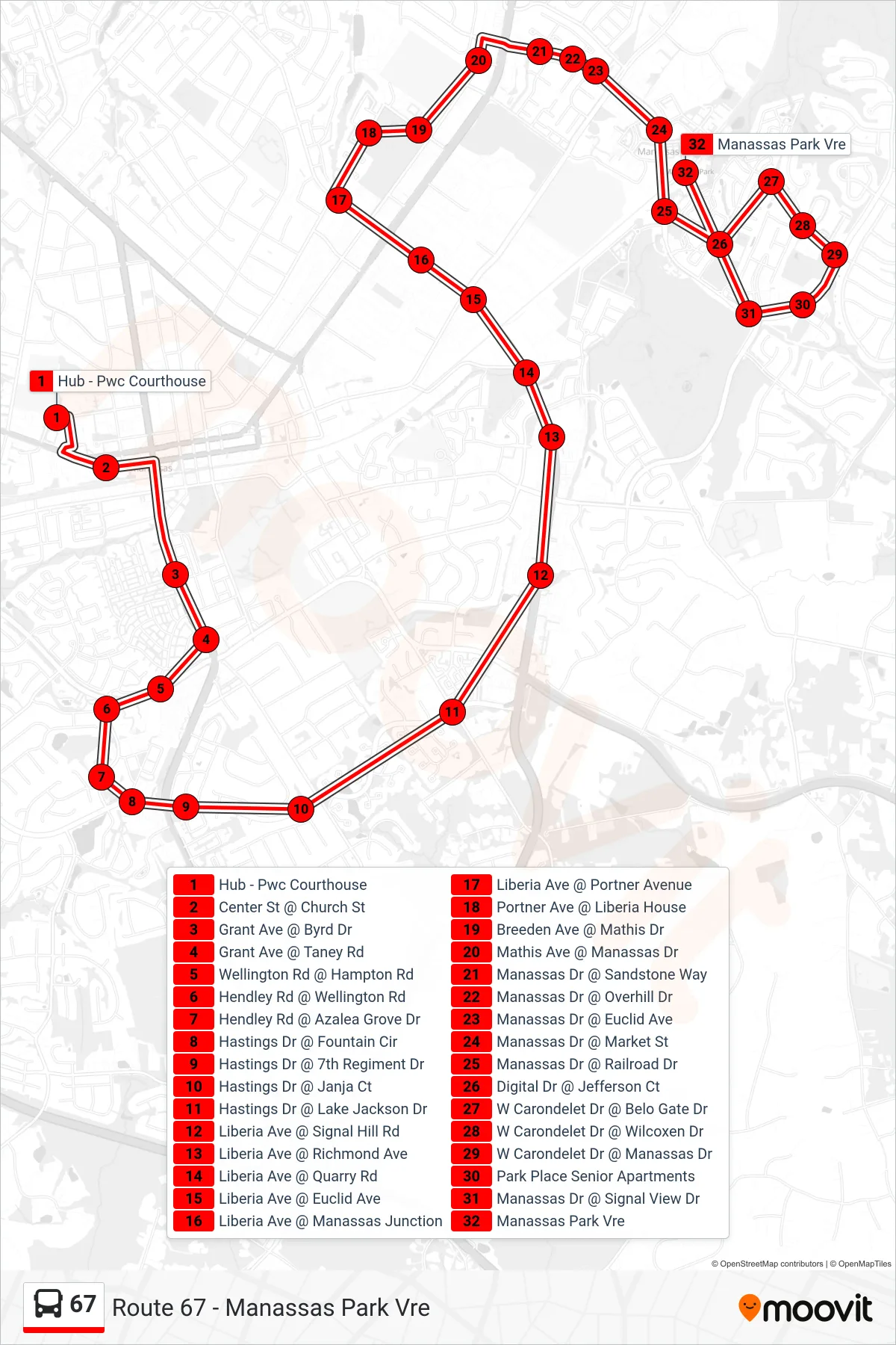 67 bus Line (Route 67 - Manassas Park Vre) route and stops on a map