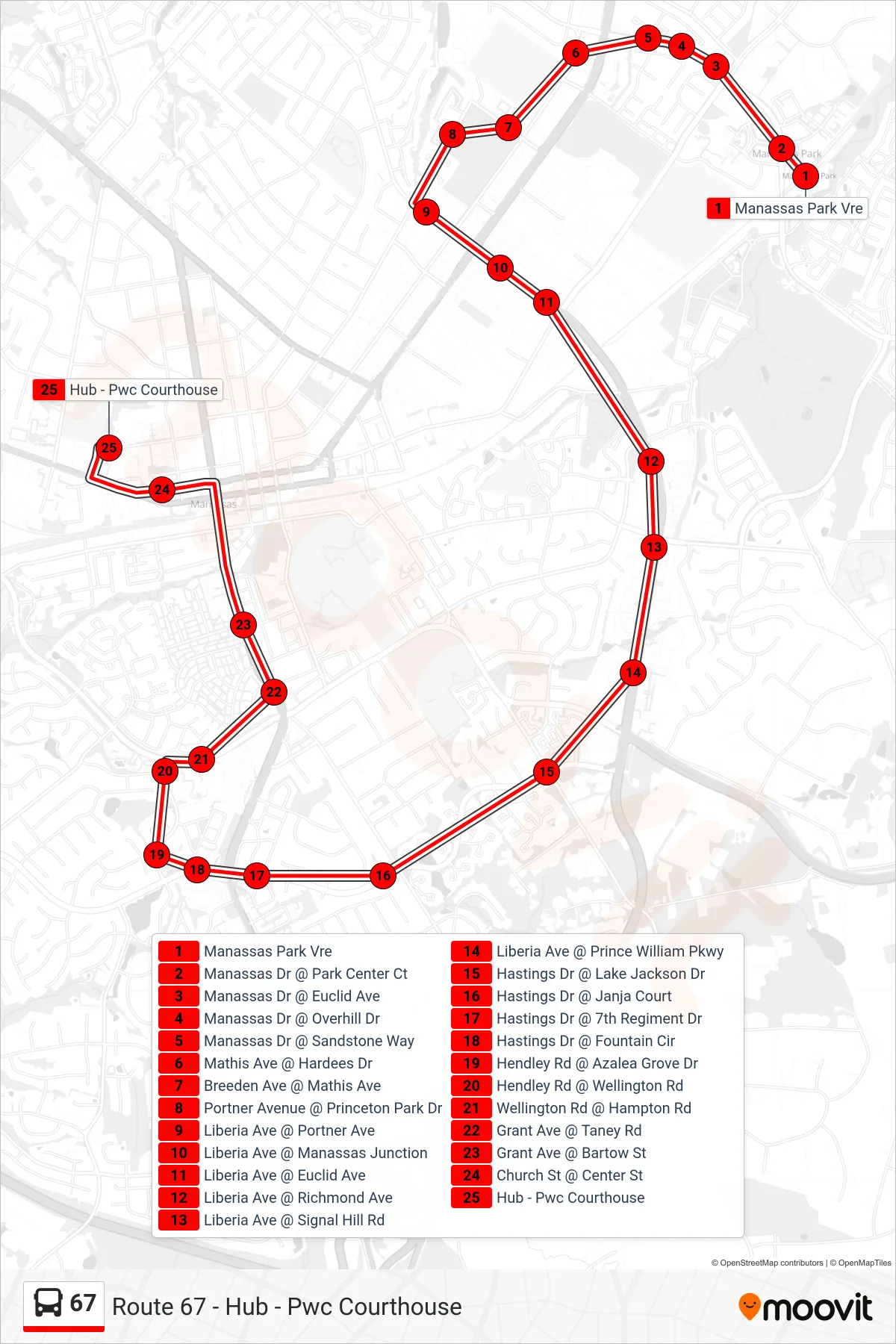 67 bus Line (Route 67 - Hub - Pwc Courthouse) route and stops on a map