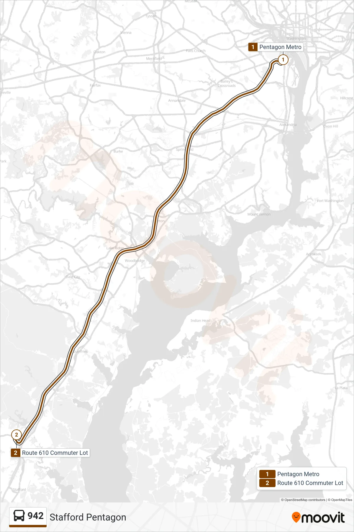 942 bus Line (Staffordboro Lot) route and stops on a map