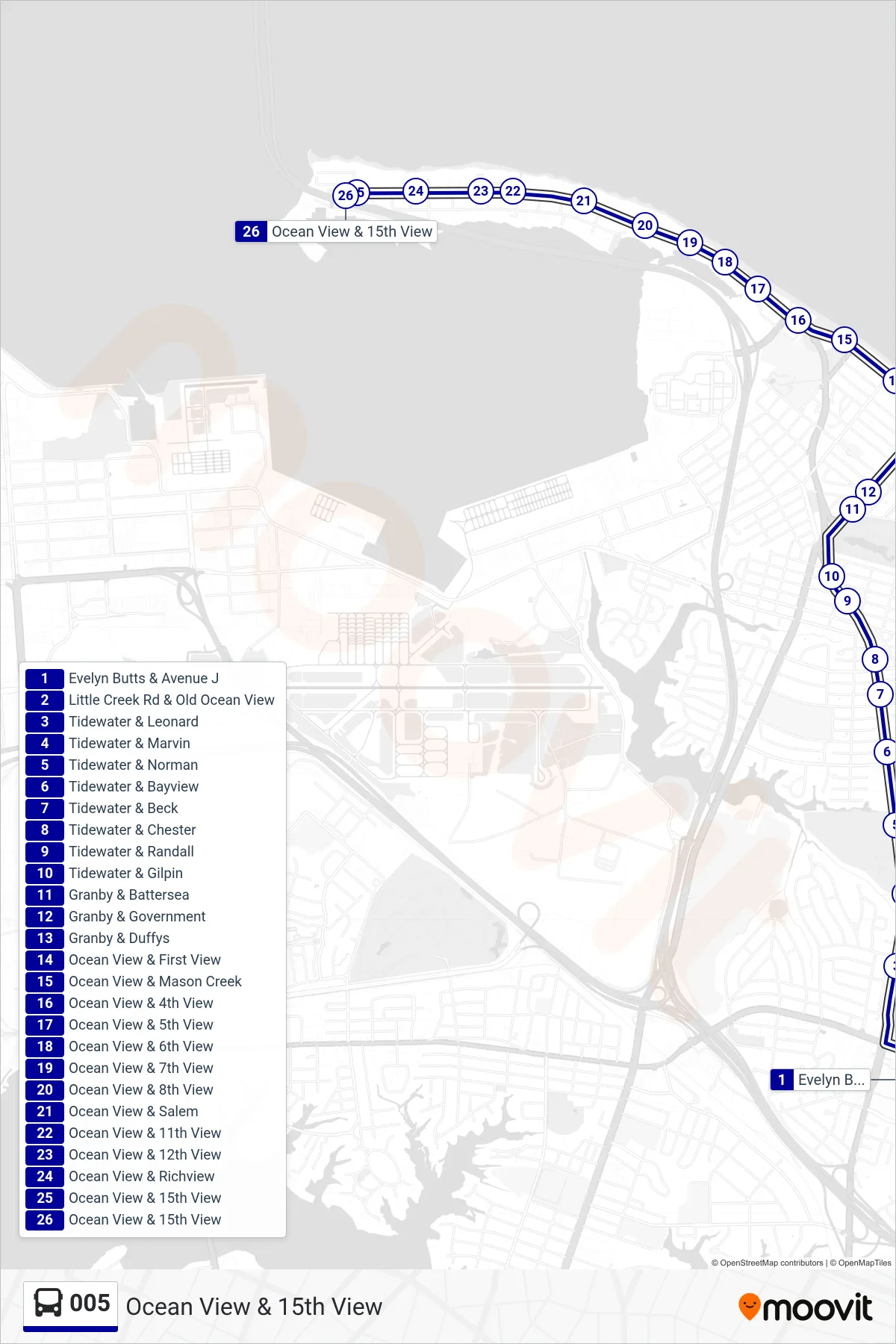 005 bus Line (Ocean View & 15th View) route and stops on a map