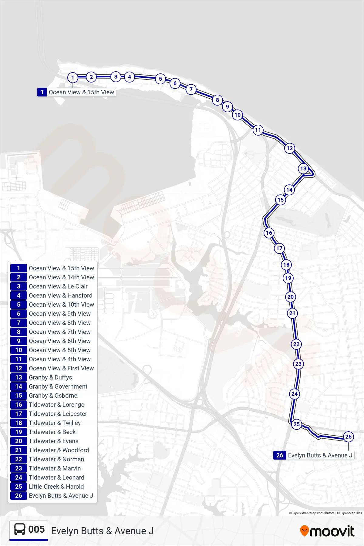 005 bus Line (Evelyn Butts & Avenue J) route and stops on a map