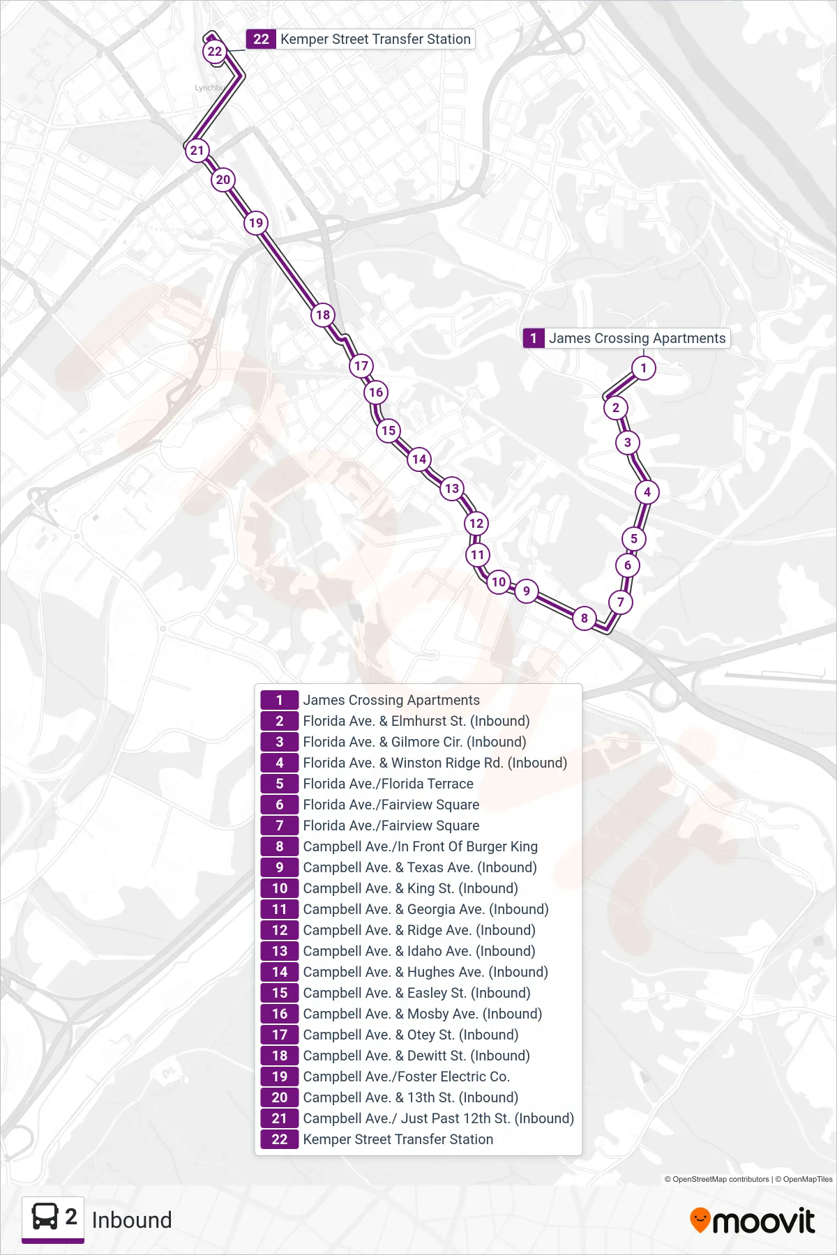 2 bus Line (Inbound) route and stops on a map
