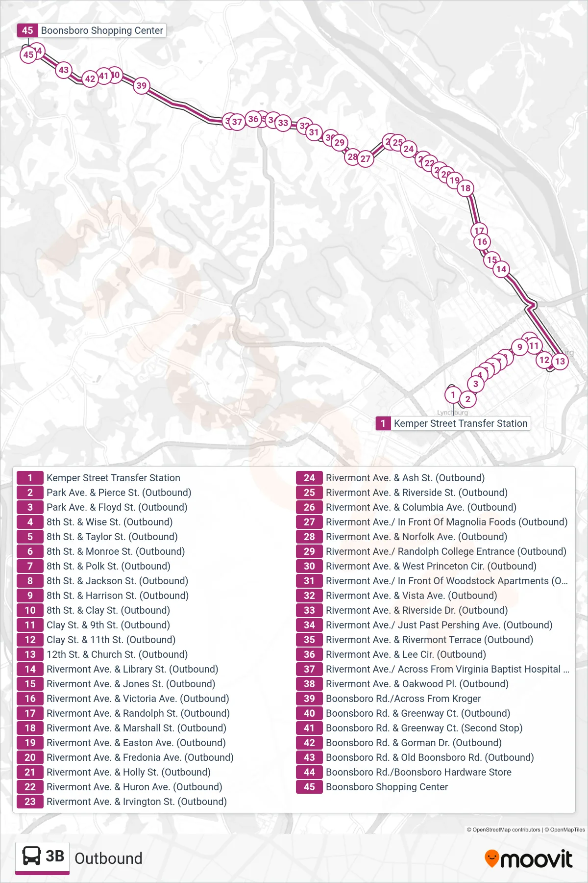 3B bus Line (Outbound) route and stops on a map