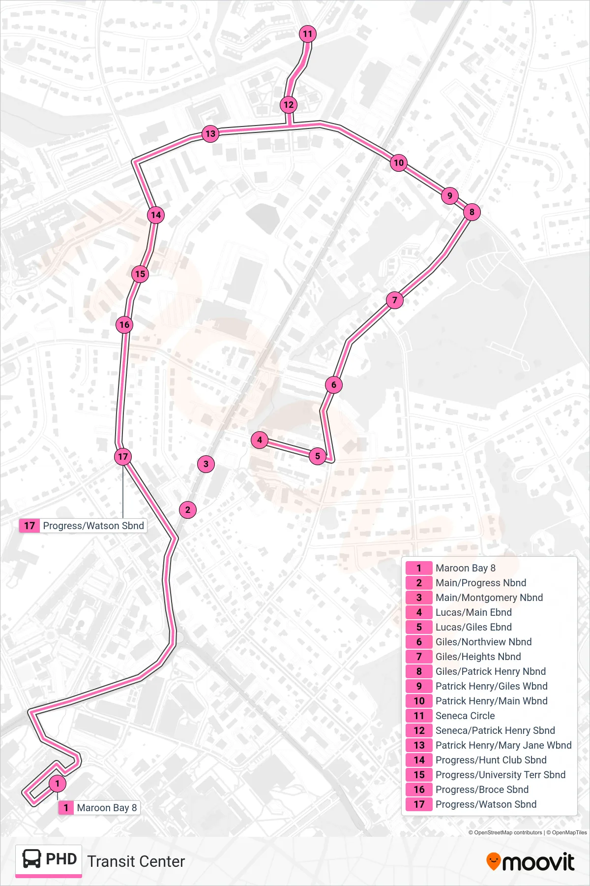 PHD bus Line (Transit Center) route and stops on a map