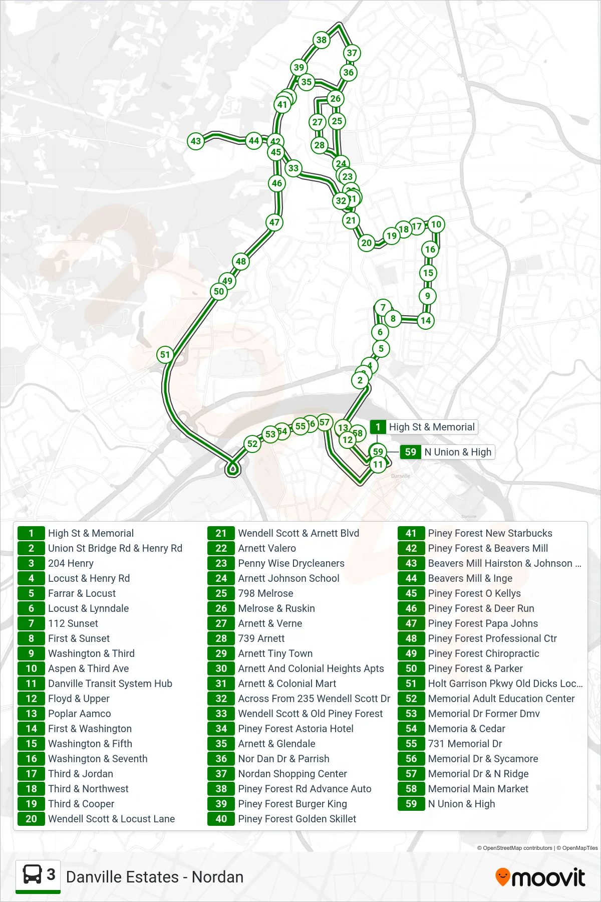 3 bus Line (Danville Estates - Nordan) route and stops on a map