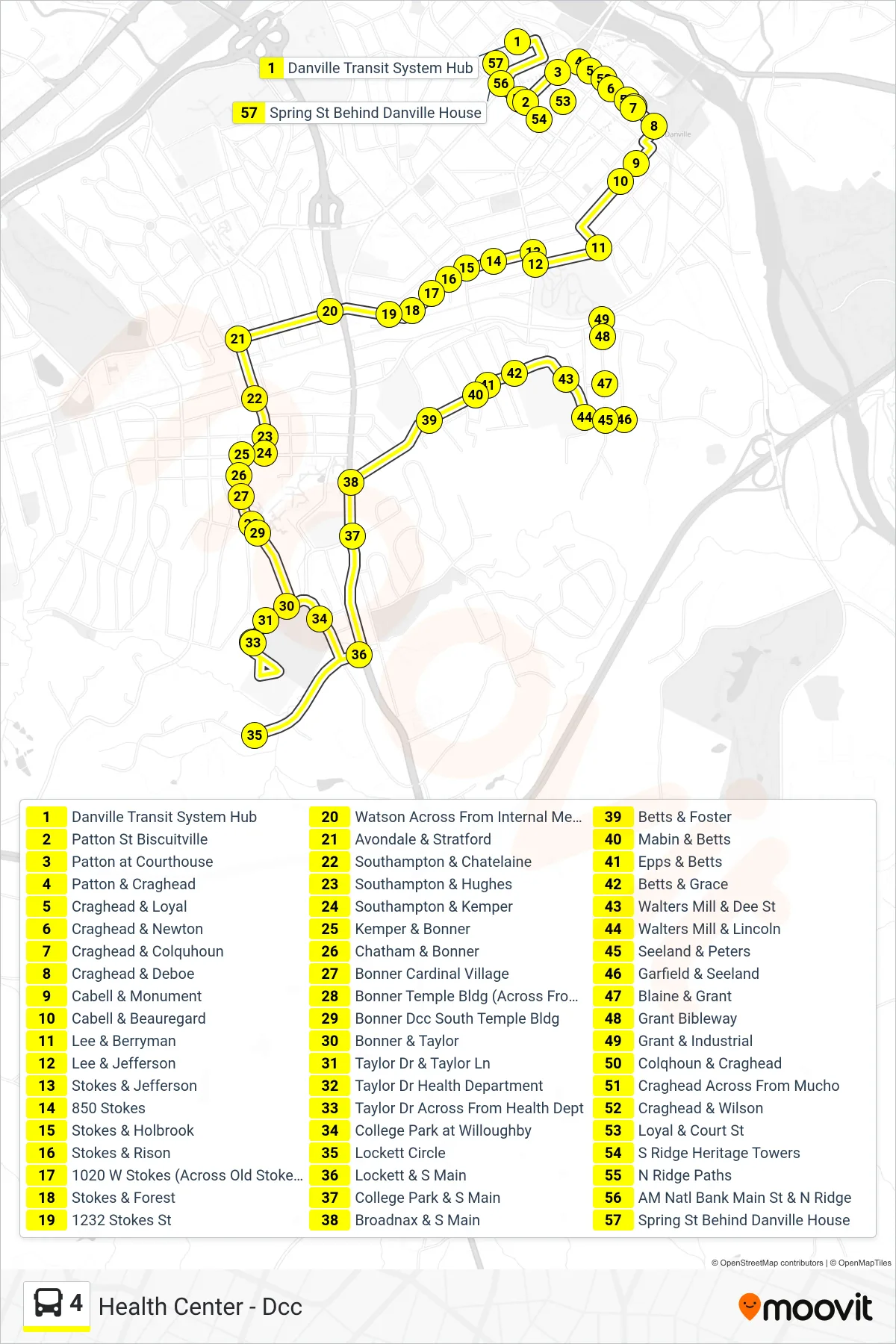 4 bus Line (Health Center - Dcc) route and stops on a map